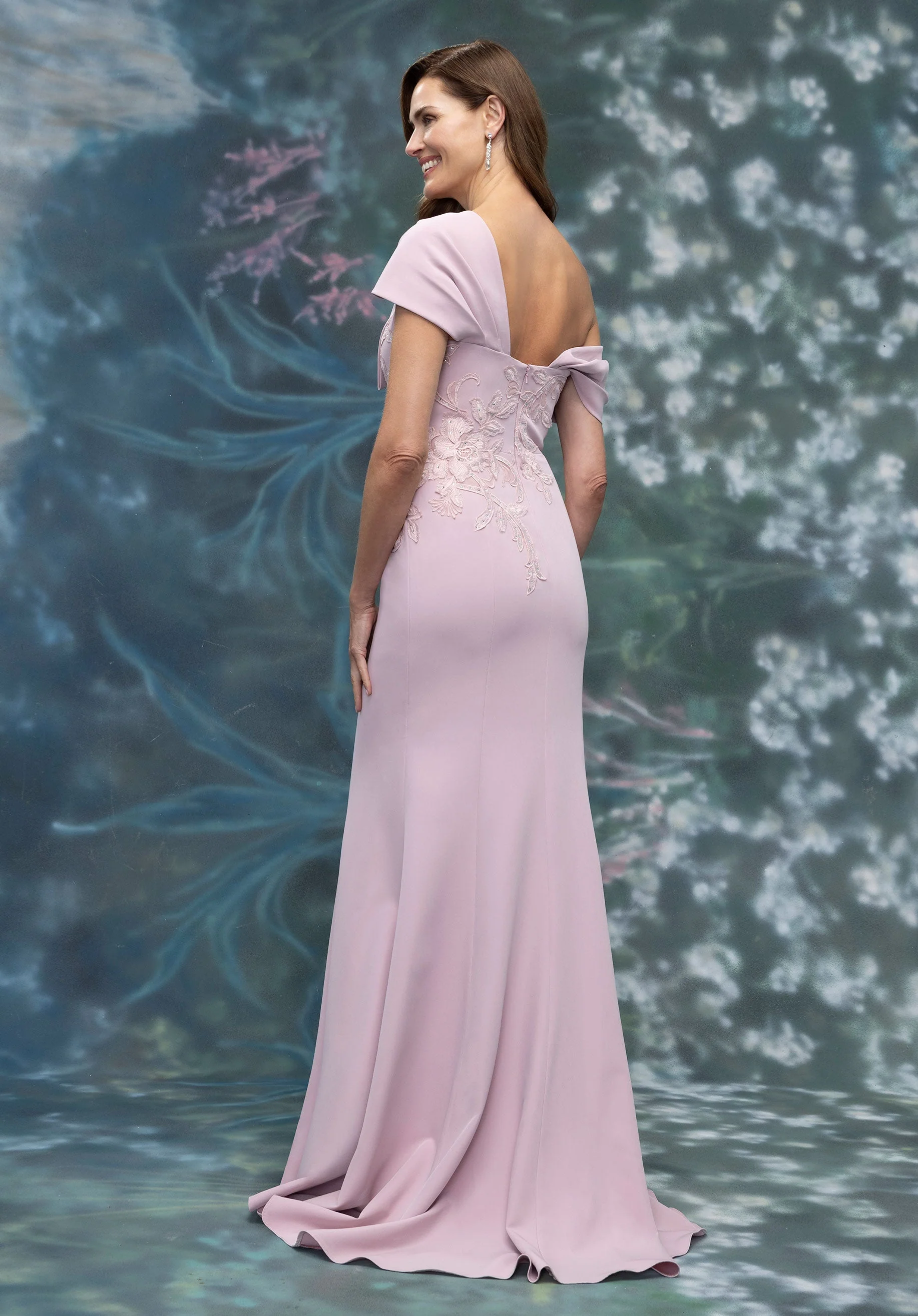 Asymmetric Neckline Crepe Evening Gown with Bow Detail - Image 3