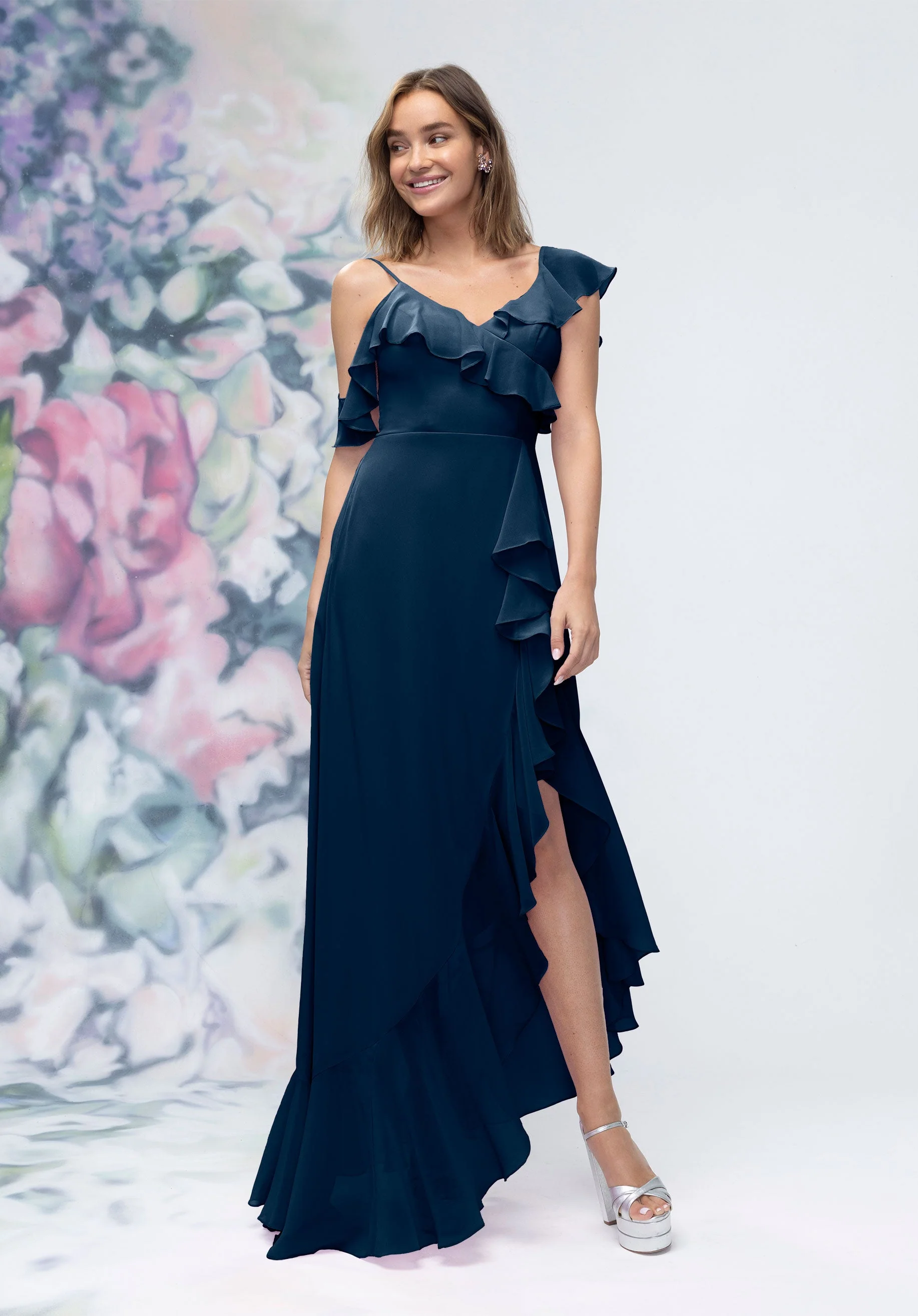 Asymmetrical Cascading Ruffle Chiffon Bridesmaid Dress - Image 37