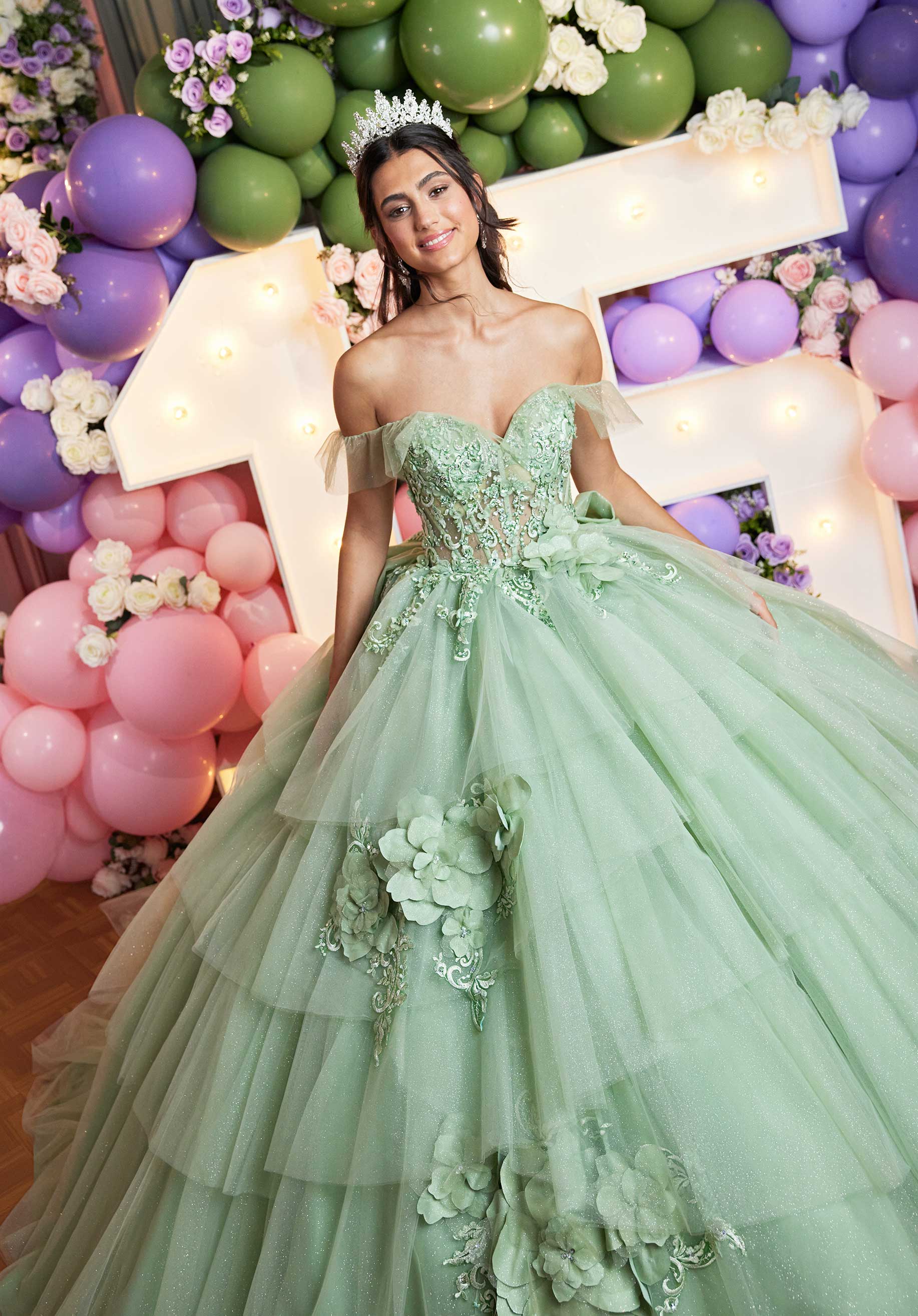 Asymmetrically Tiered Quinceañera Dress with Three Dimensional Florals - Image 3