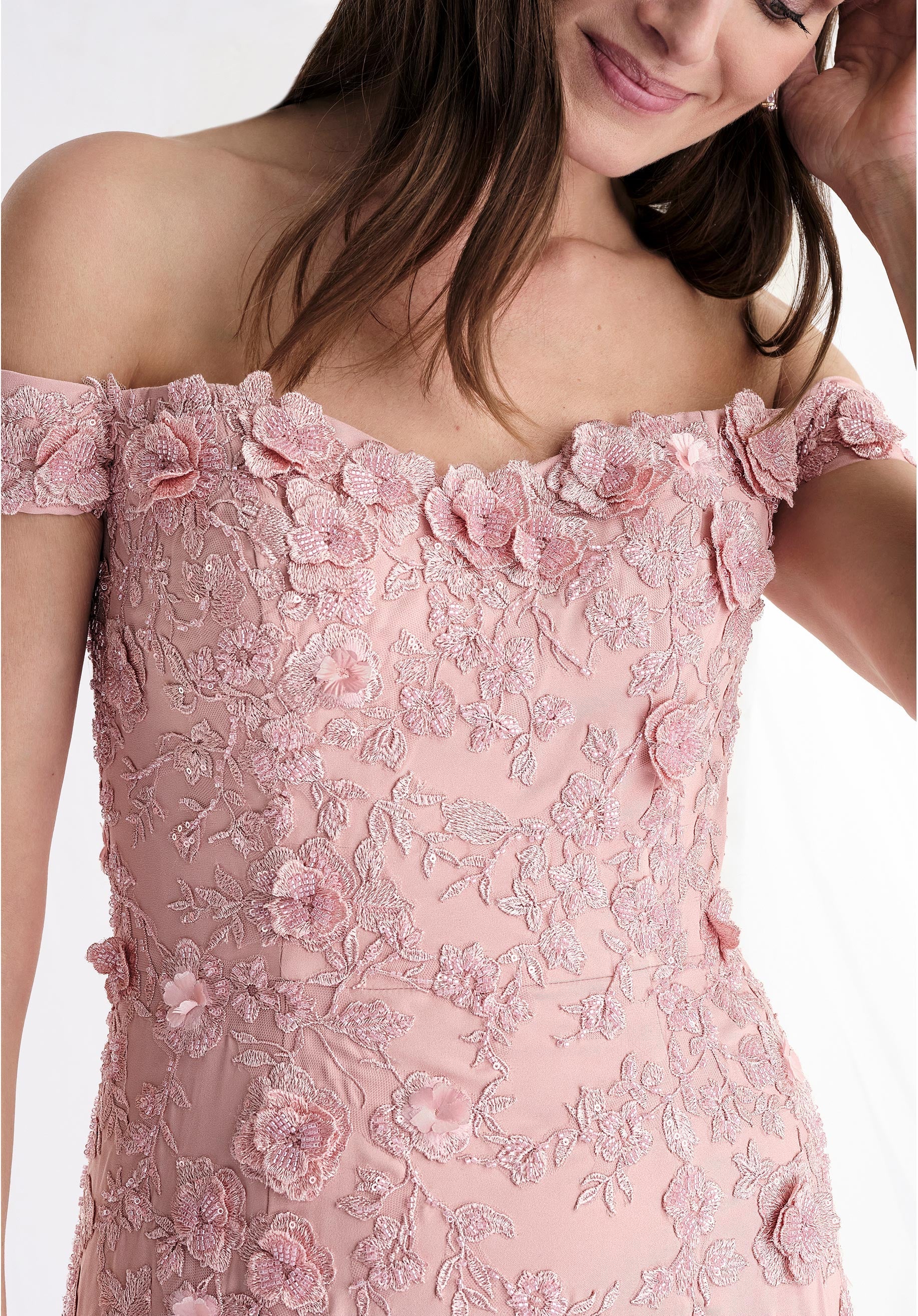 Beaded Floral Crepe Fit and Flare Evening Gown - Image 4
