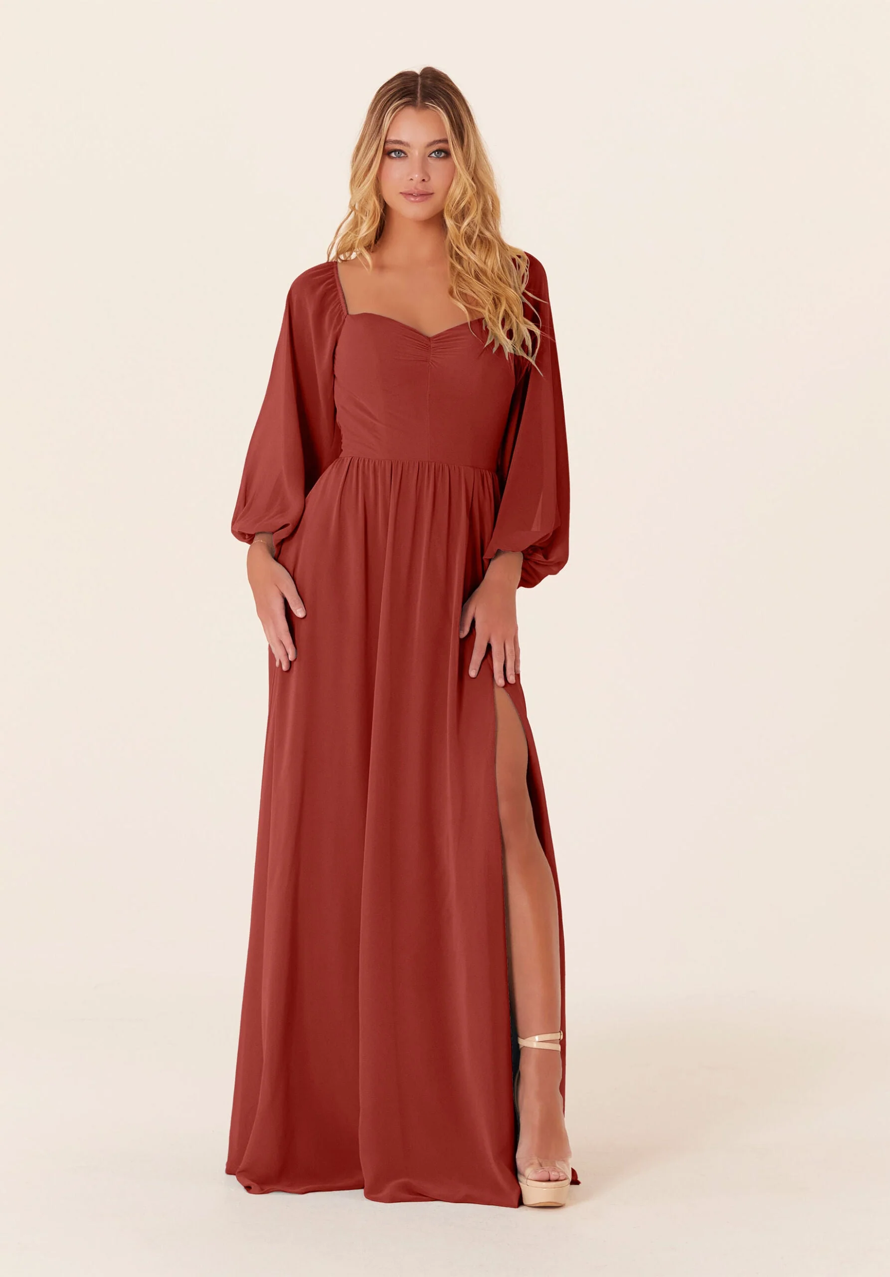 Chiffon Bridesmaid Dress with Bishop Sleeves - Image 29