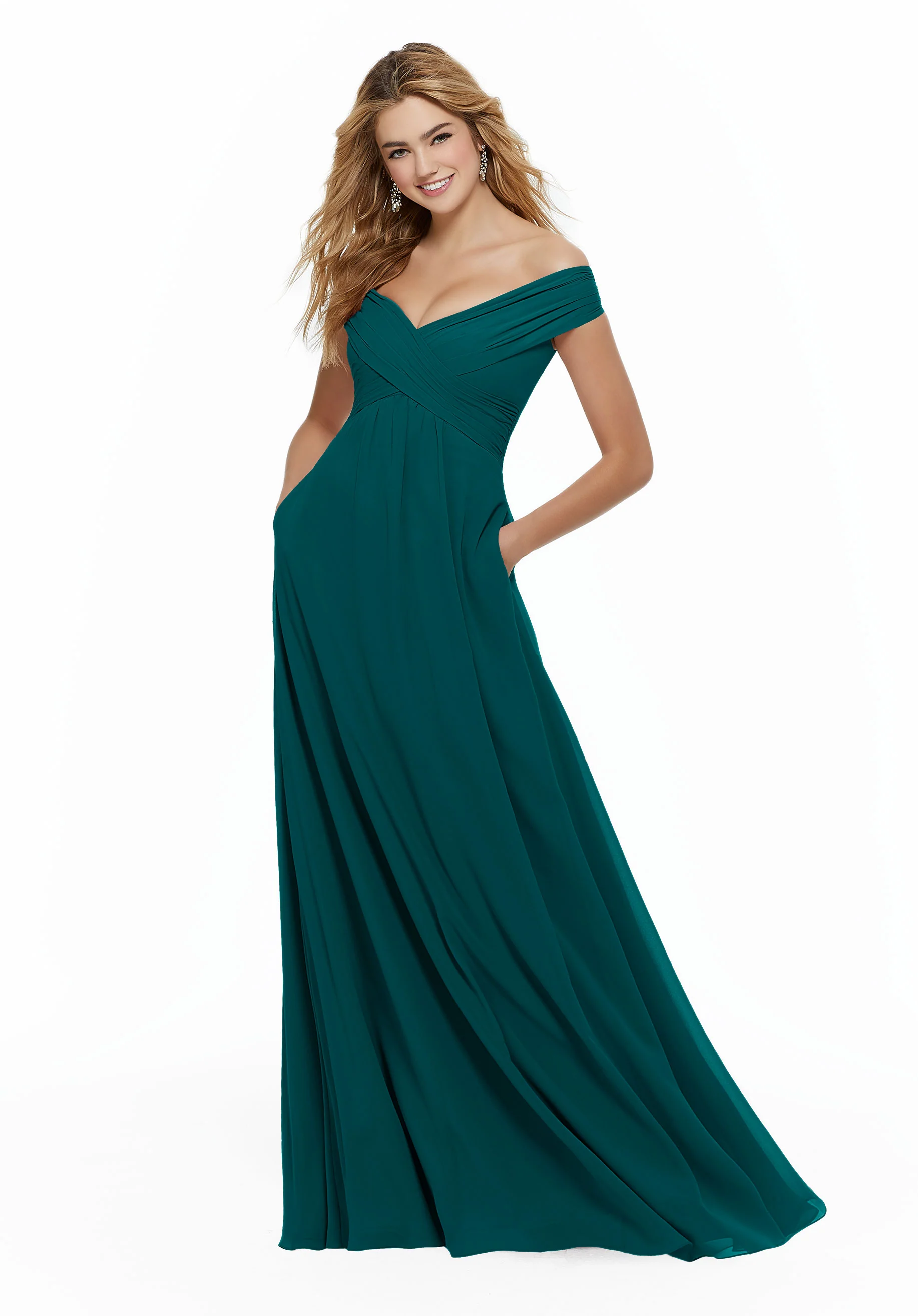Chiffon Bridesmaid Dress with Classic Off the Shoulder Neckline - Image 40