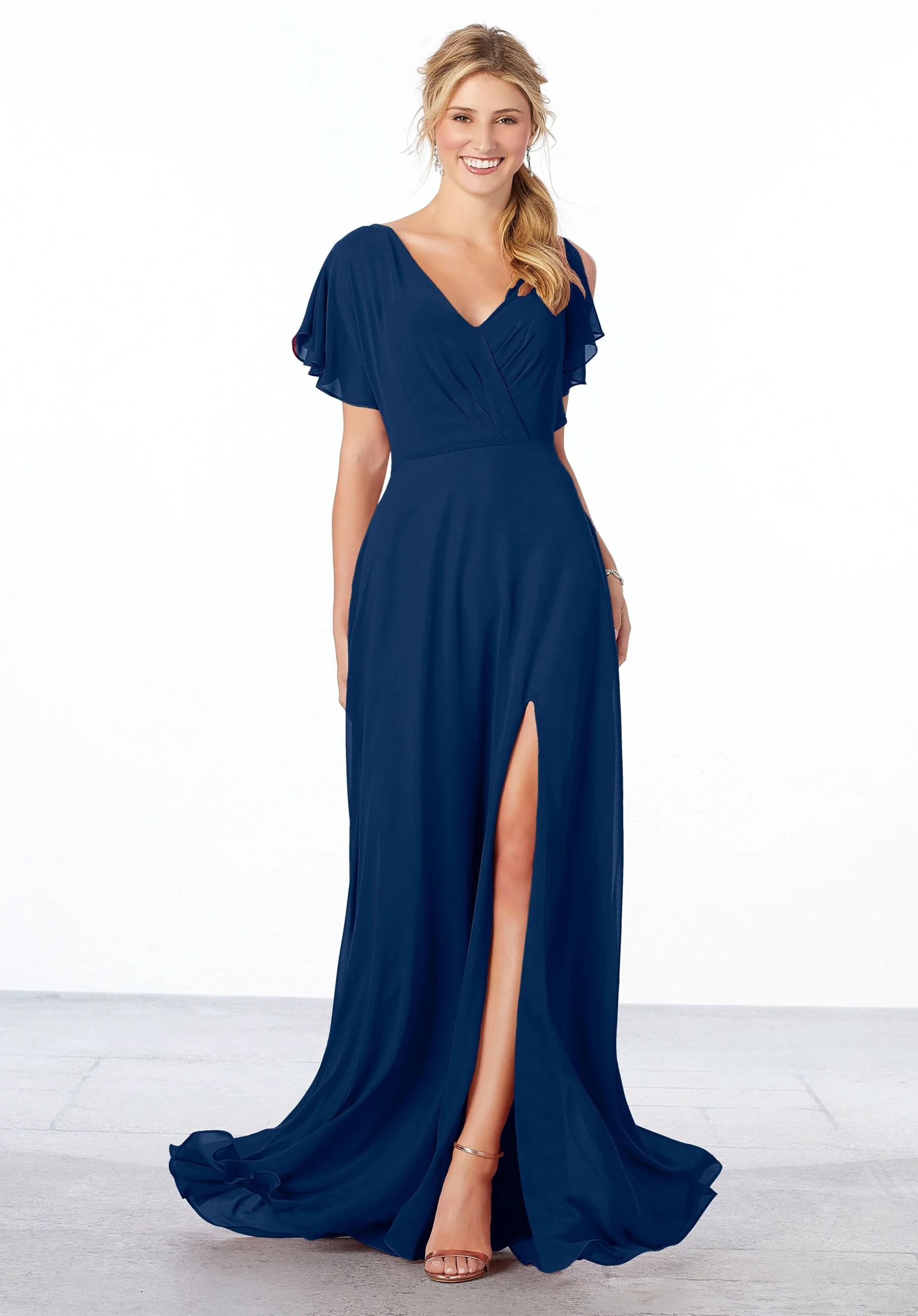 Chiffon Bridesmaid Dress with Flutter Sleeve and Front Slit - Image 10