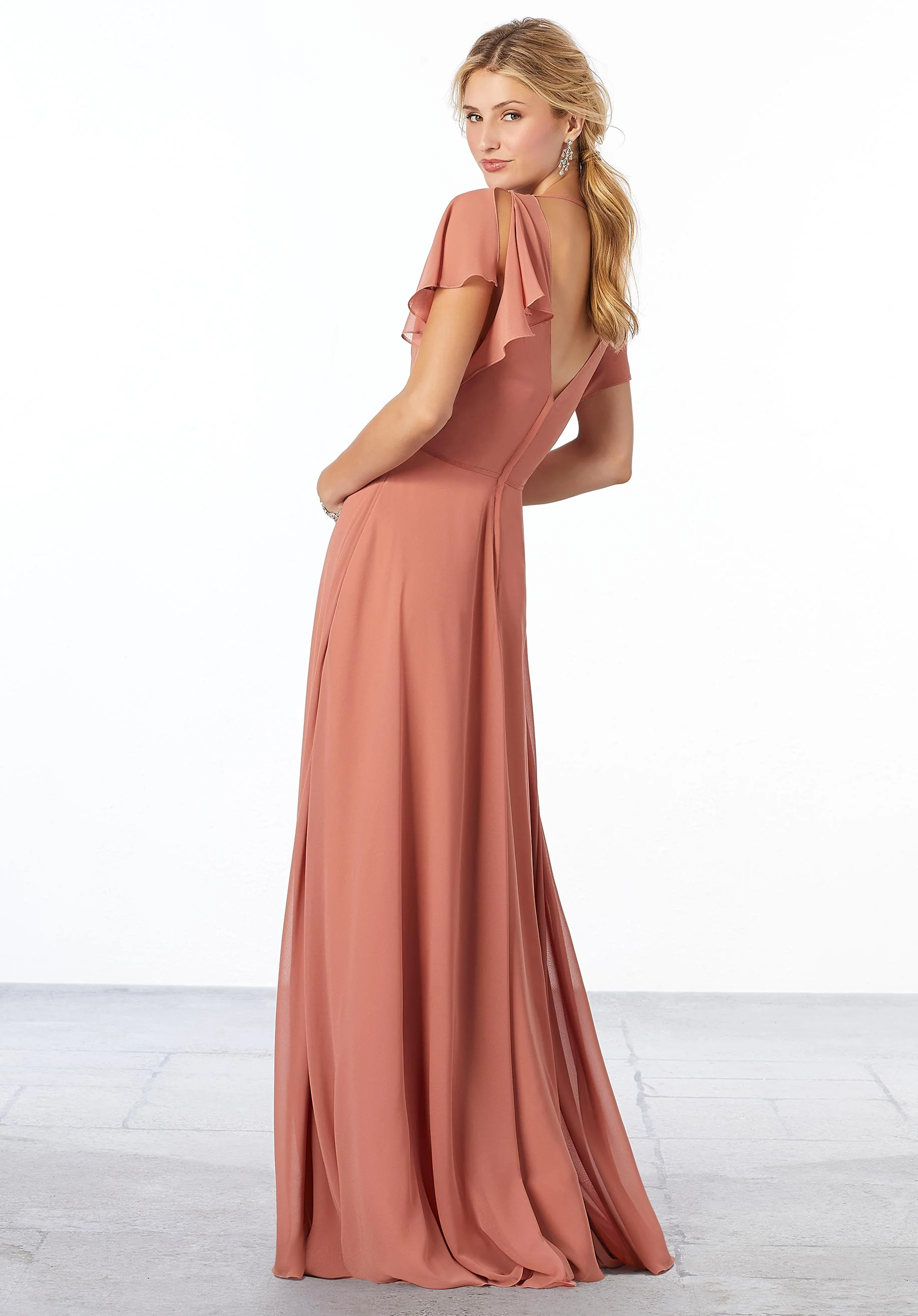 Chiffon Bridesmaid Dress with Flutter Sleeve and Front Slit - Image 2