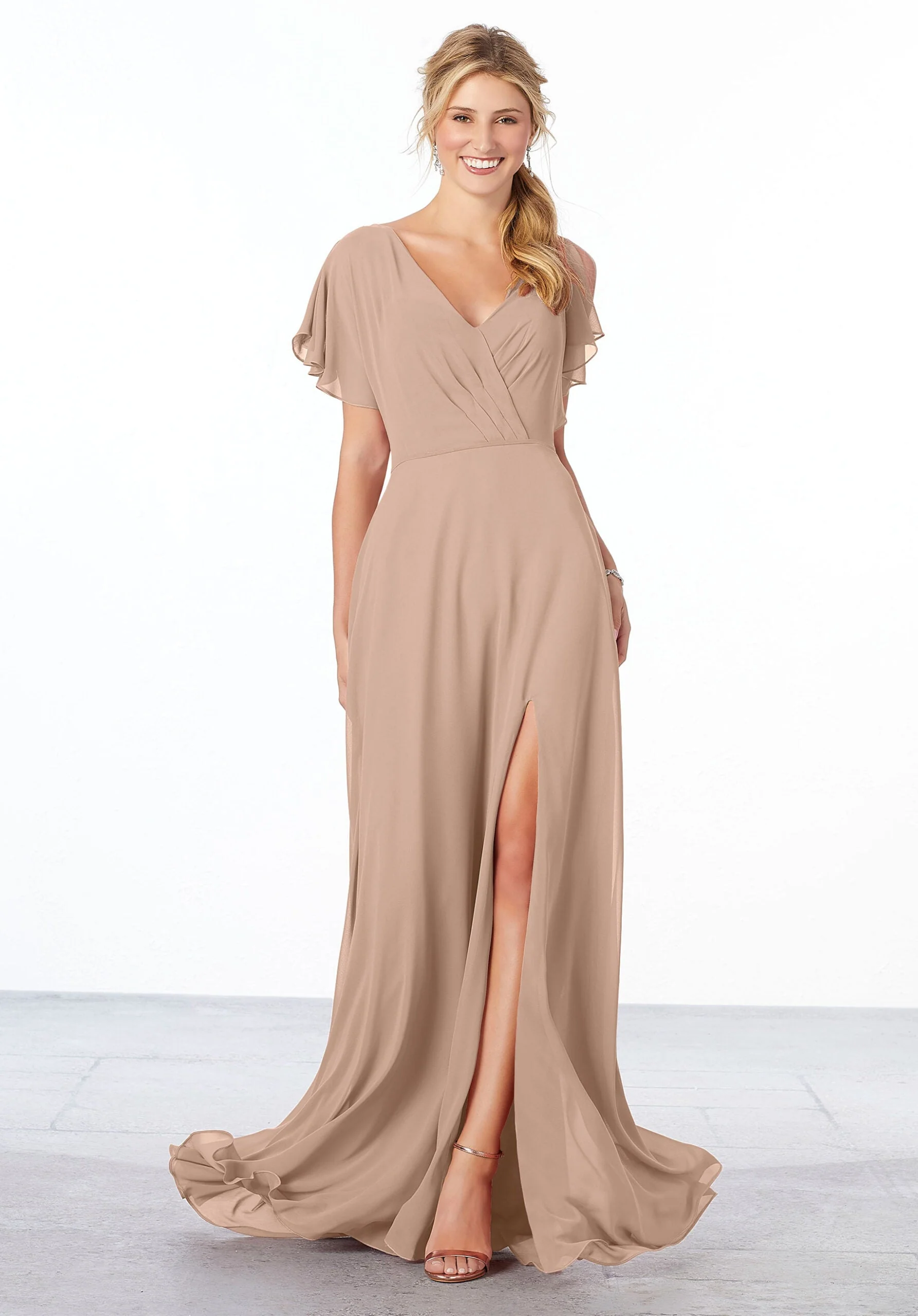 Chiffon Bridesmaid Dress with Flutter Sleeve and Front Slit - Image 21