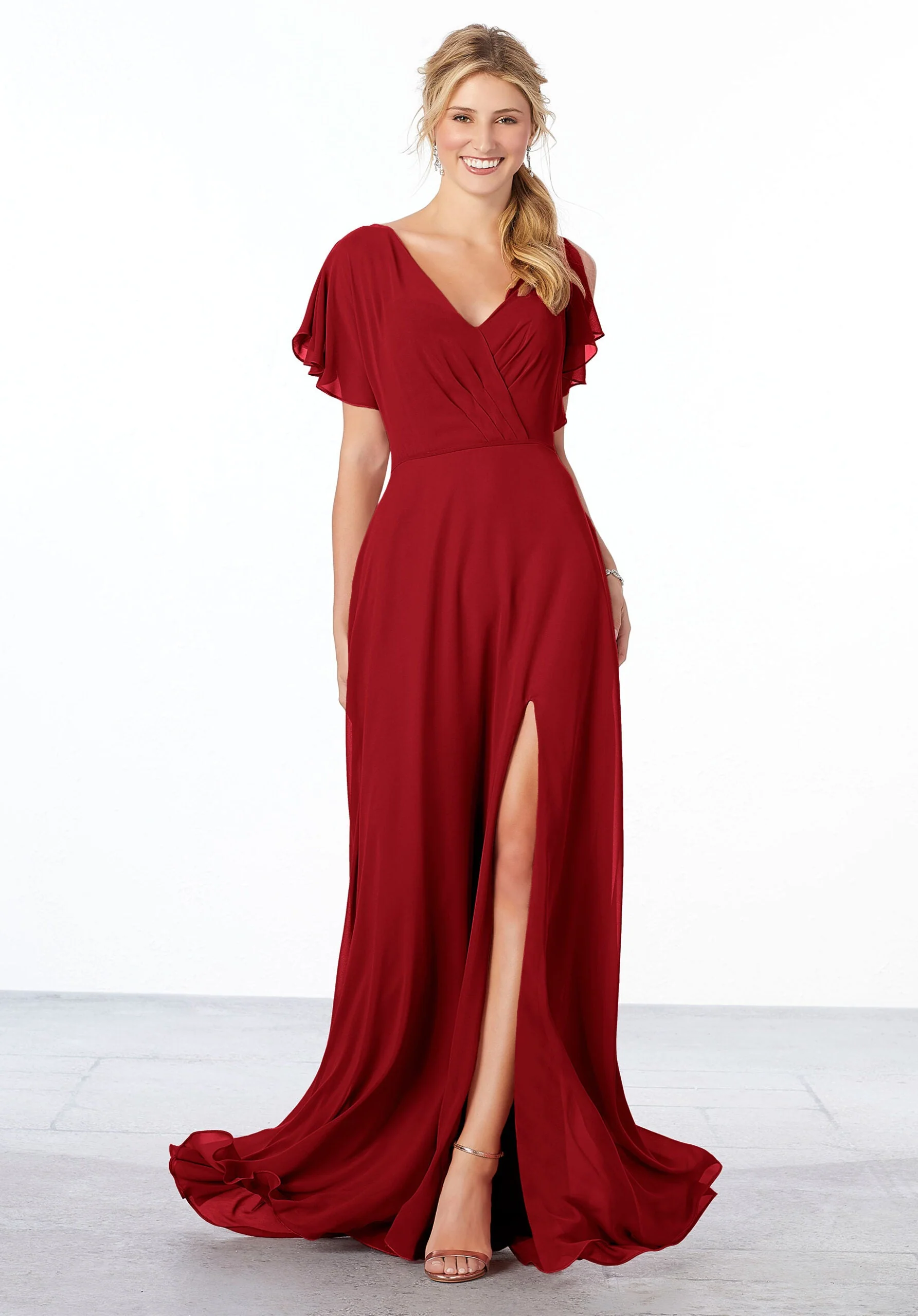 Chiffon Bridesmaid Dress with Flutter Sleeve and Front Slit - Image 32