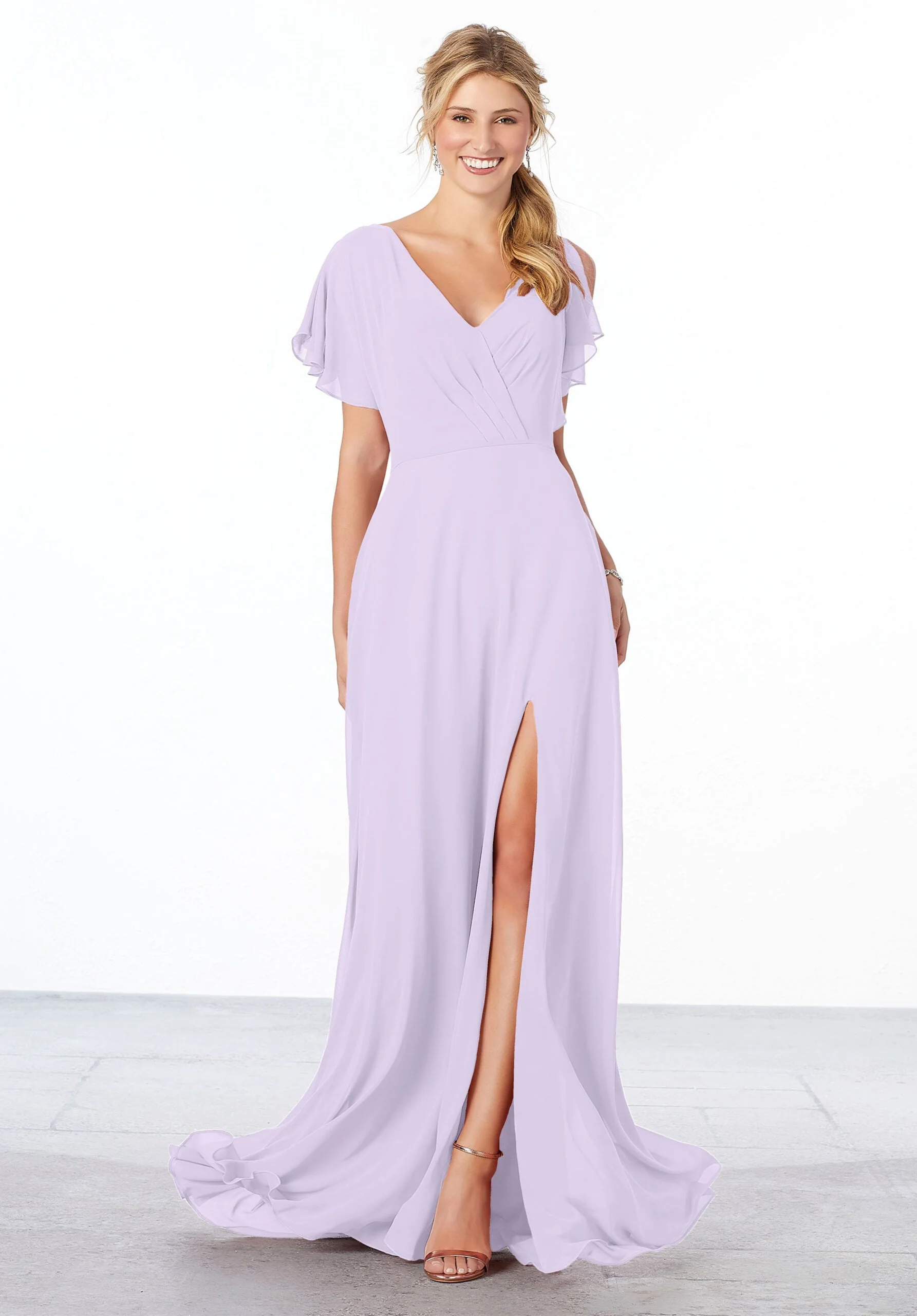 Chiffon Bridesmaid Dress with Flutter Sleeve and Front Slit - Image 4