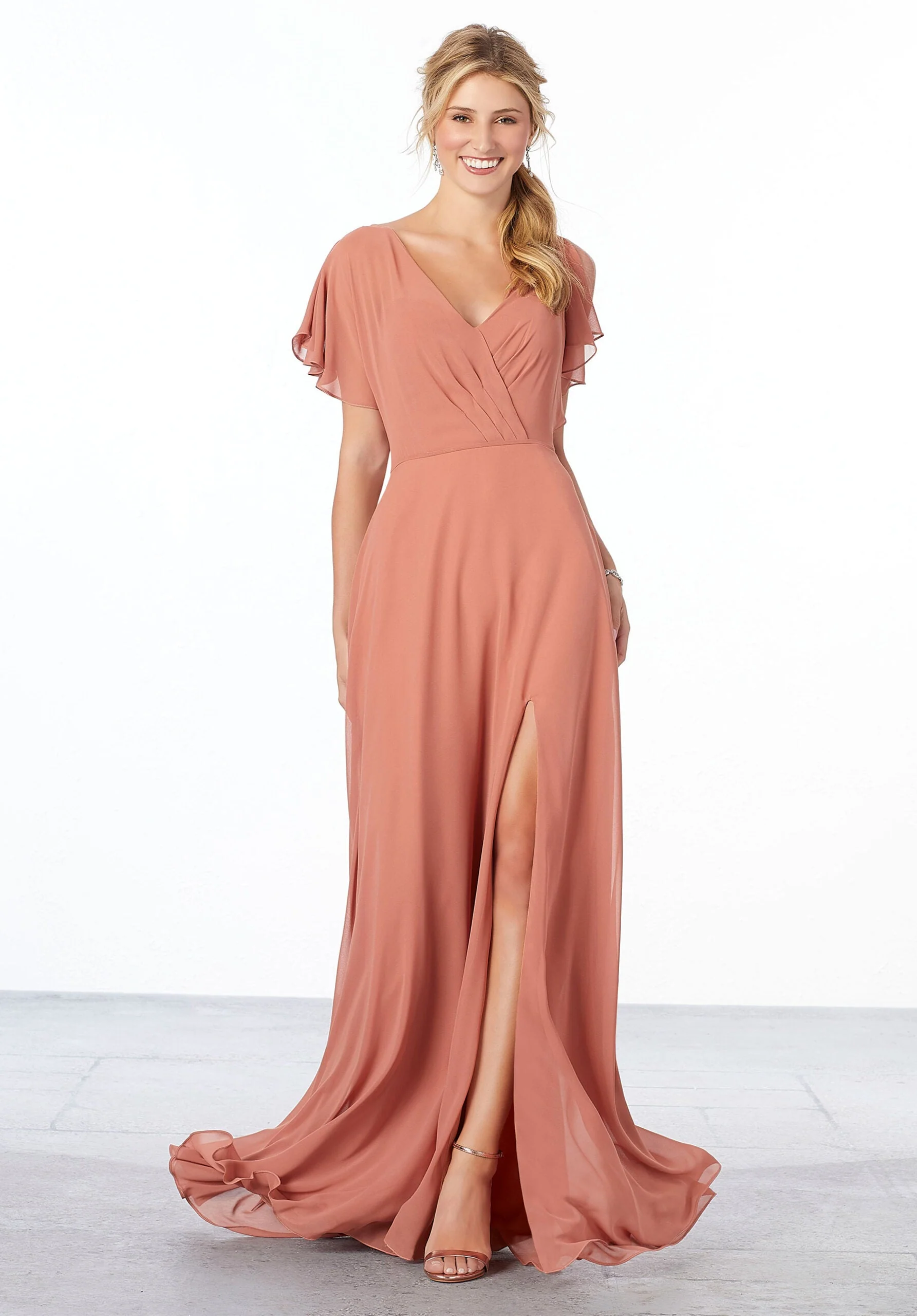 Chiffon Bridesmaid Dress with Flutter Sleeve and Front Slit - Image 7
