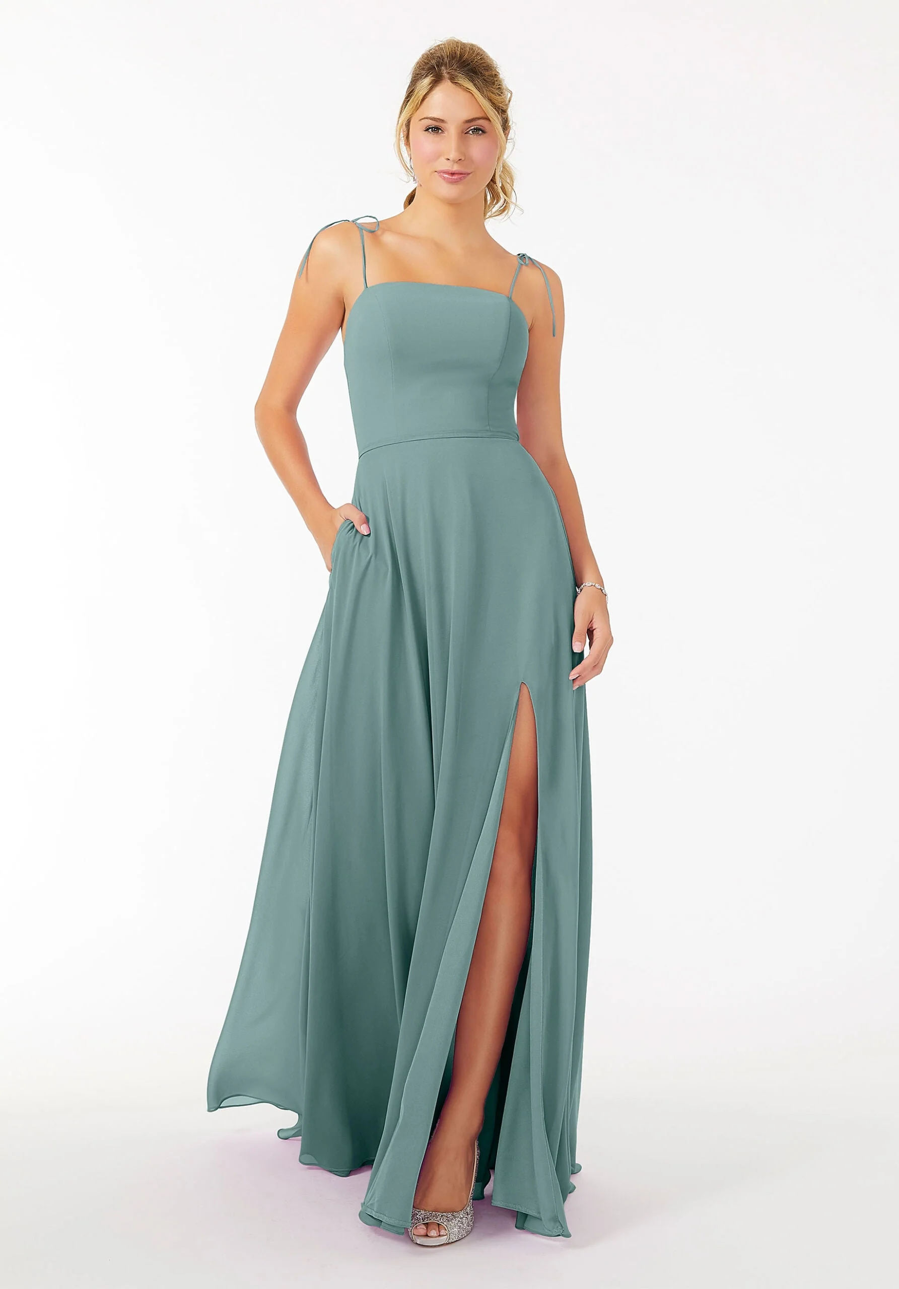 Chiffon Bridesmaid Dress with Front Slit and Keyhole Back - Image 20