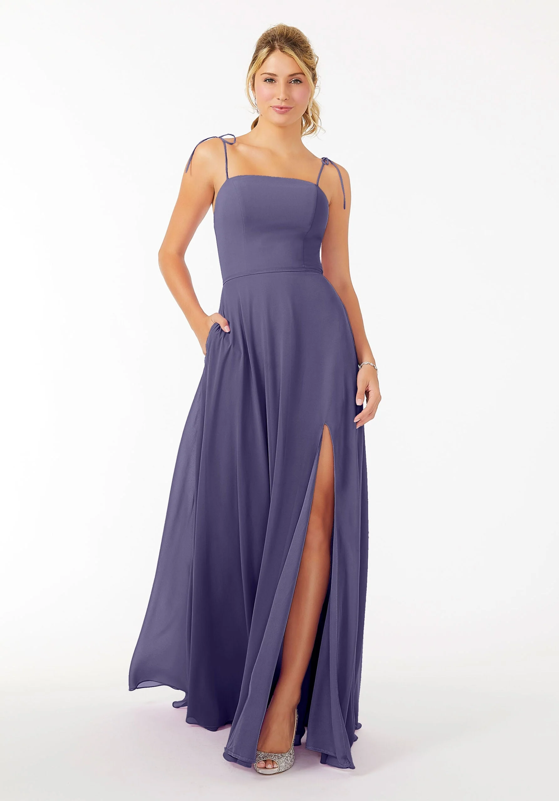 Chiffon Bridesmaid Dress with Front Slit and Keyhole Back - Image 46