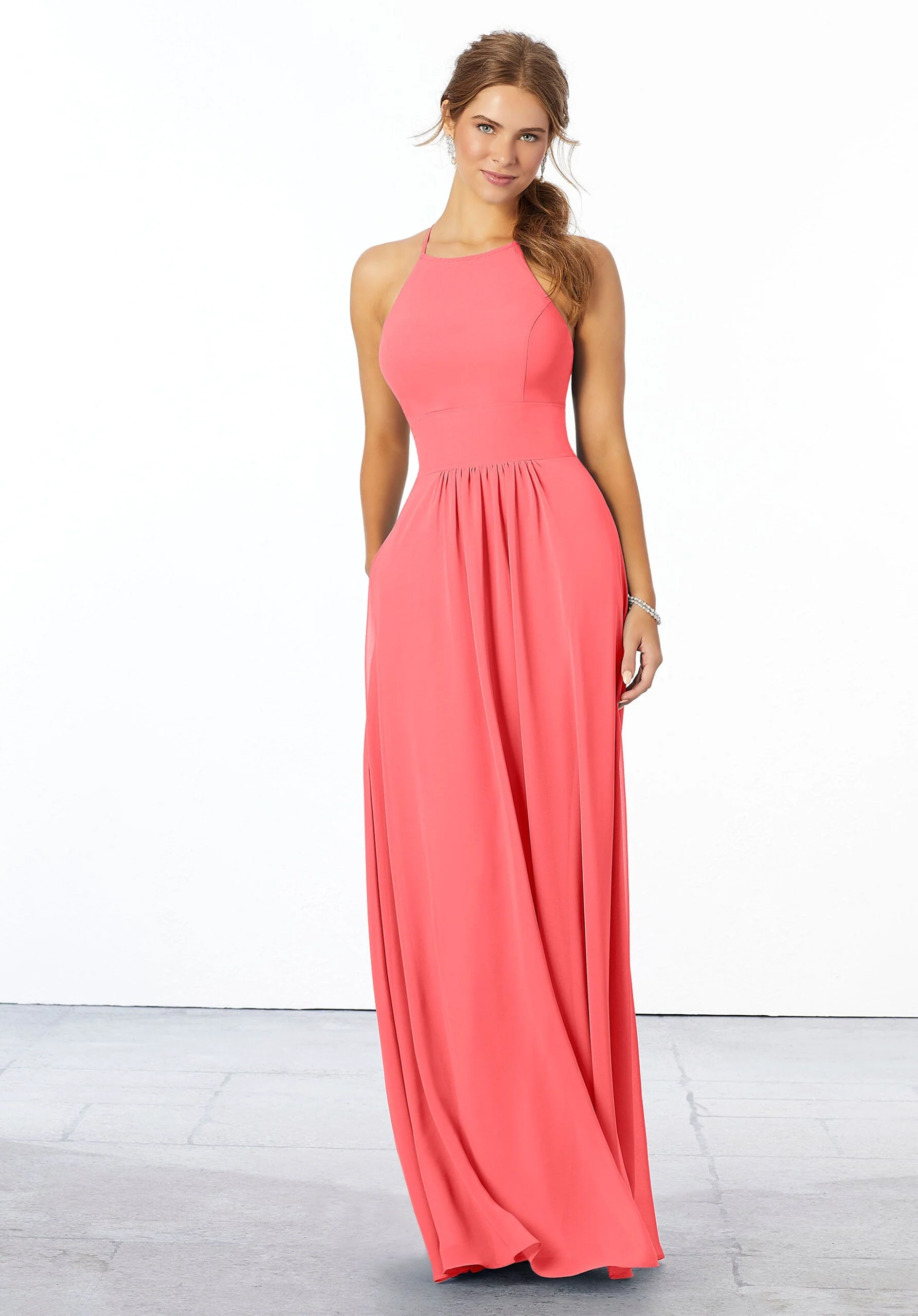 Chiffon Bridesmaid Dress with High Halter Neckline - Image 46