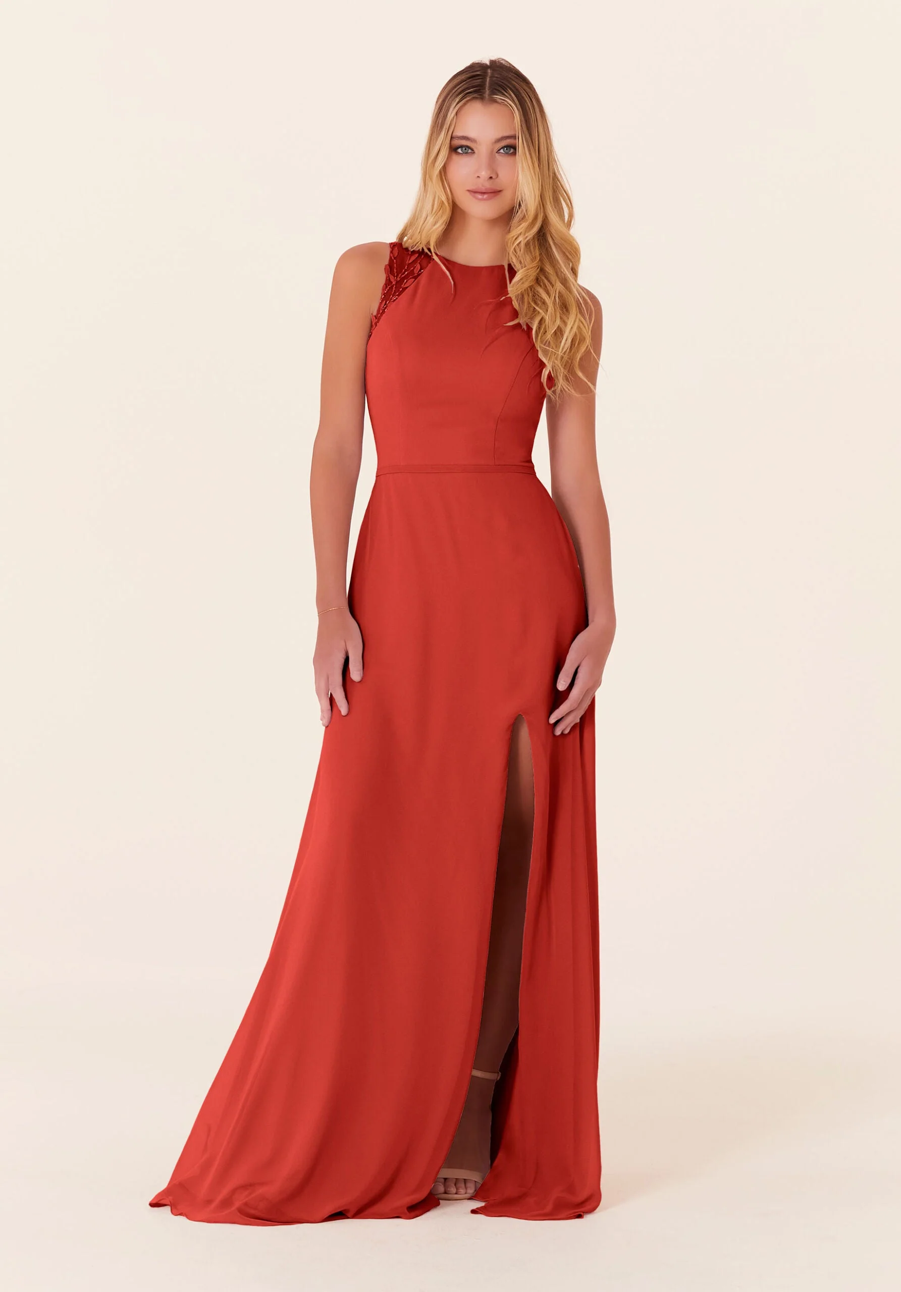 Chiffon Bridesmaid Dress with Leafy Appliqués - Image 29