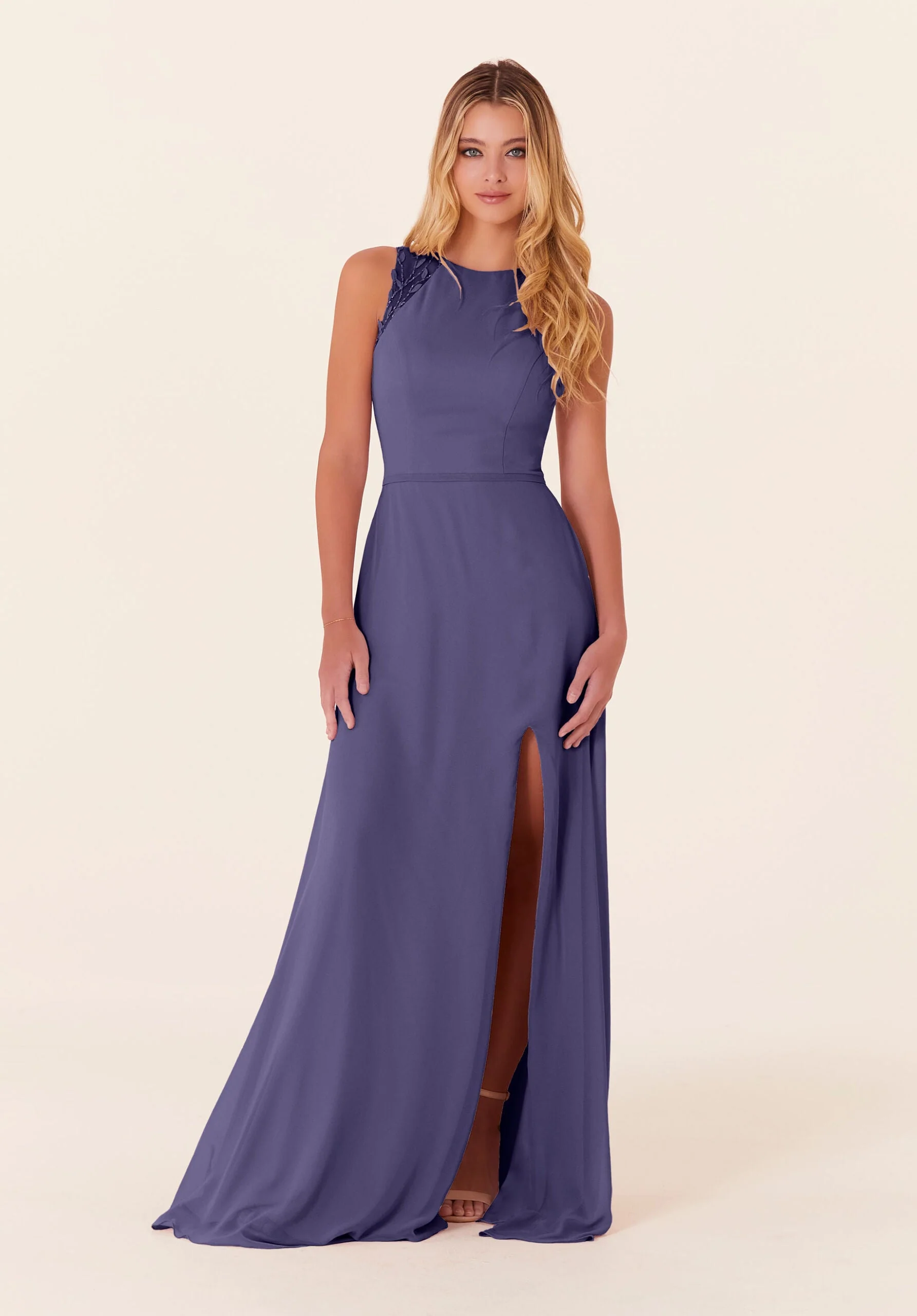 Chiffon Bridesmaid Dress with Leafy Appliqués - Image 44