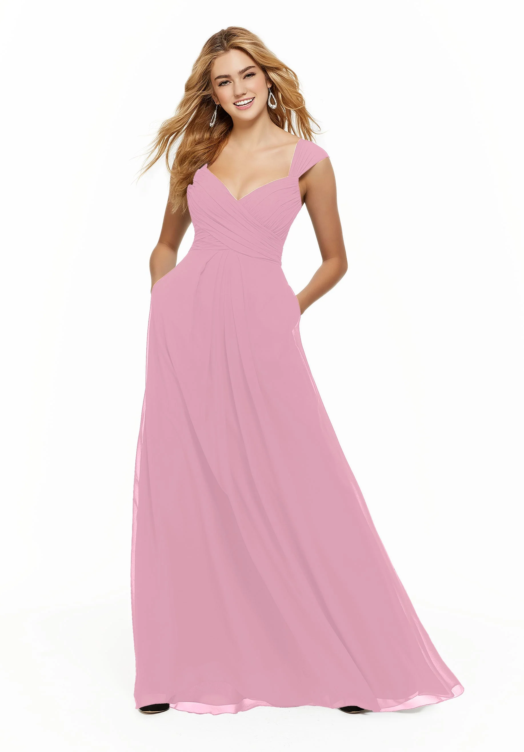 Chiffon Bridesmaid Dress with Ruched Draped Bodice and Watteau Back - Image 31