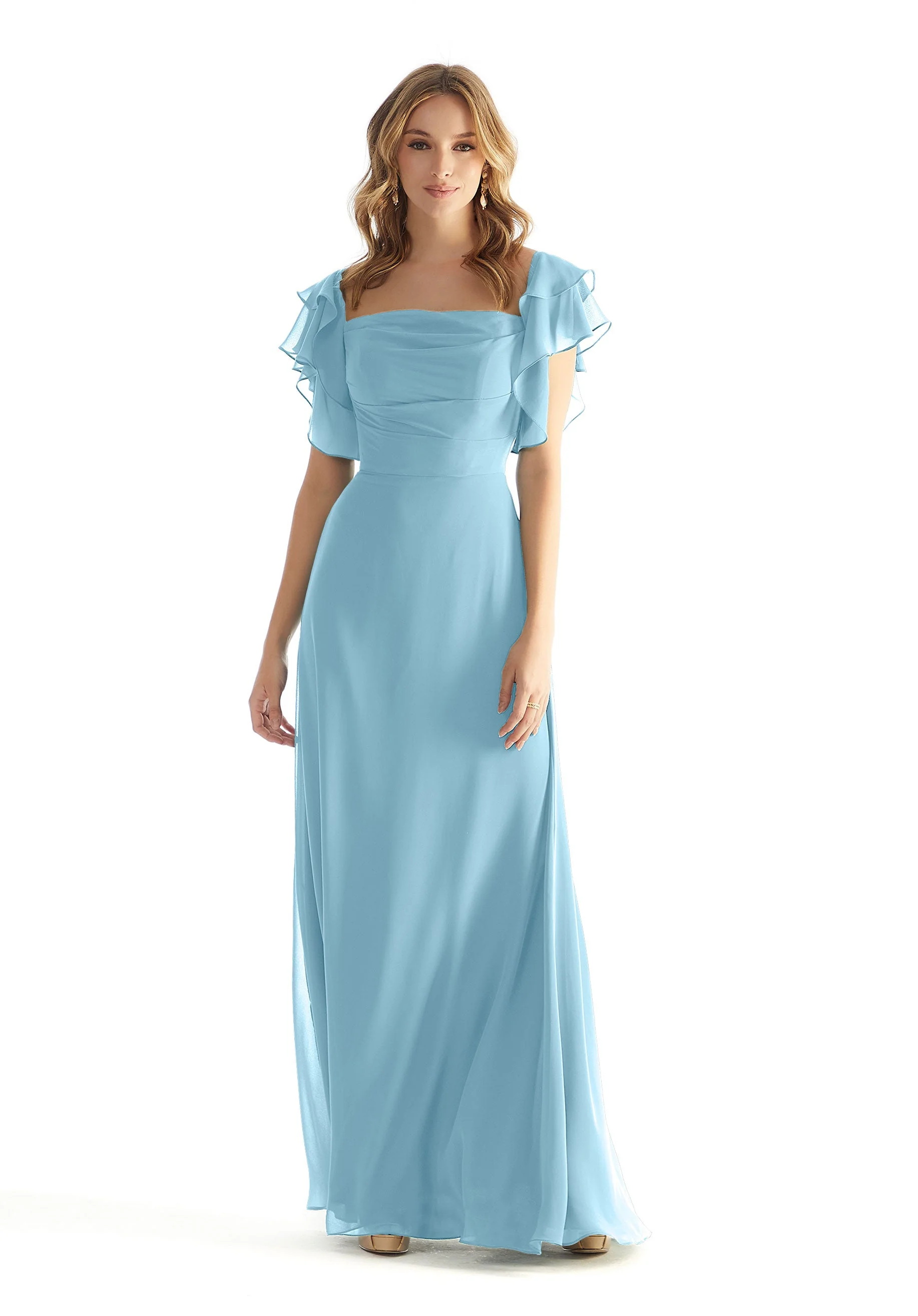 Chiffon Bridesmaid Dress with Straight Neckline and Ruffle Sleeves - Image 13