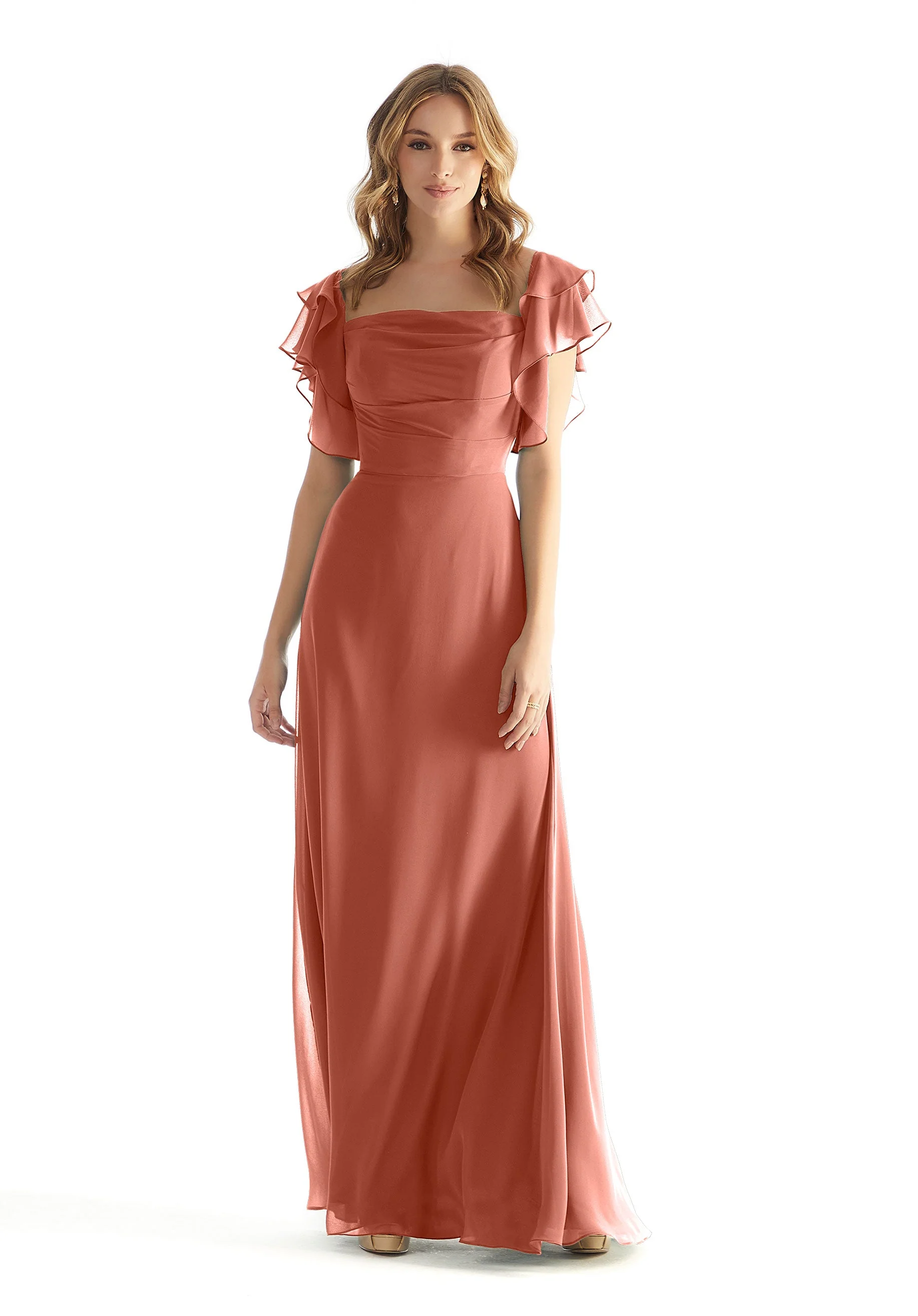 Chiffon Bridesmaid Dress with Straight Neckline and Ruffle Sleeves - Image 21