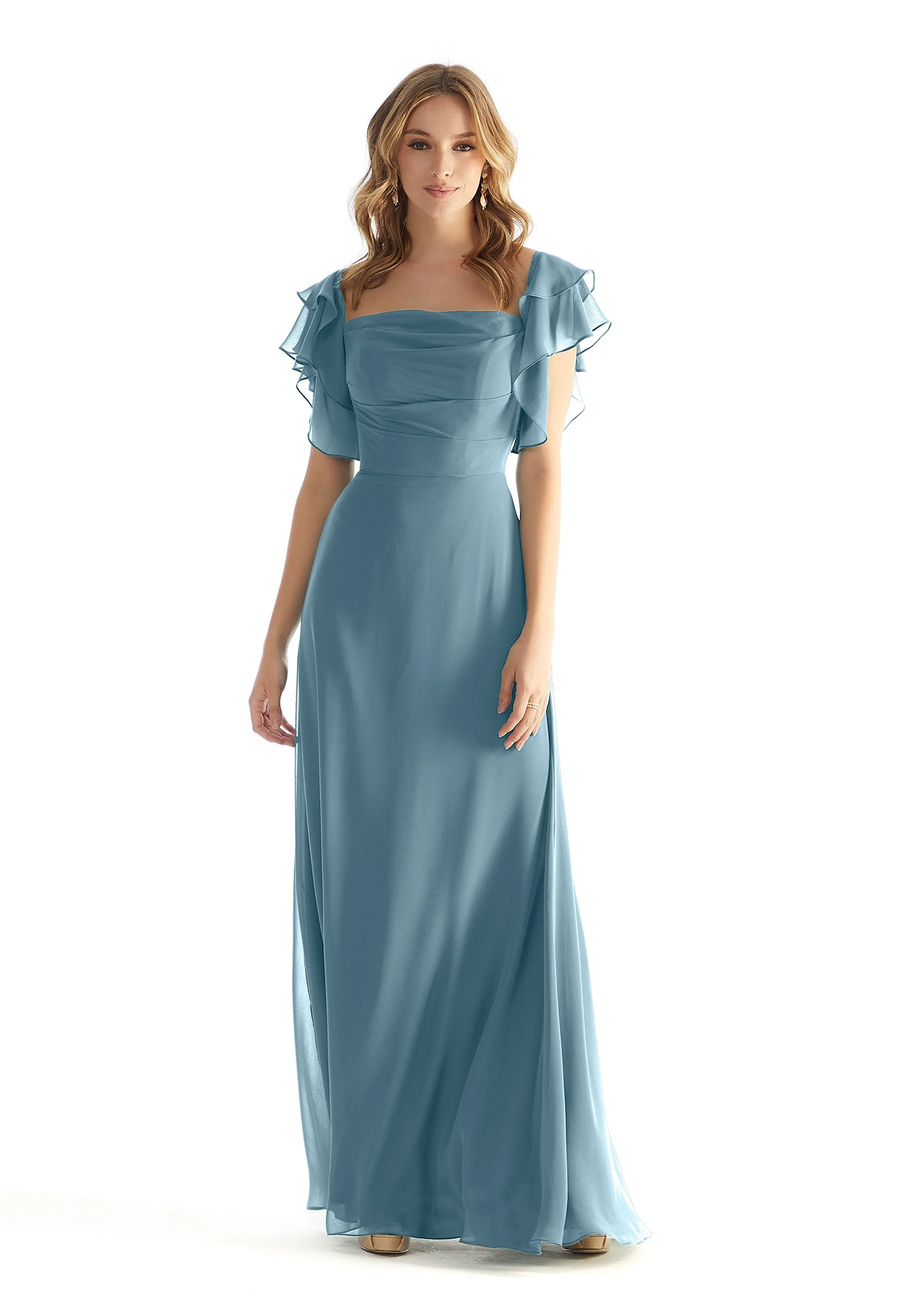 Chiffon Bridesmaid Dress with Straight Neckline and Ruffle Sleeves - Image 39