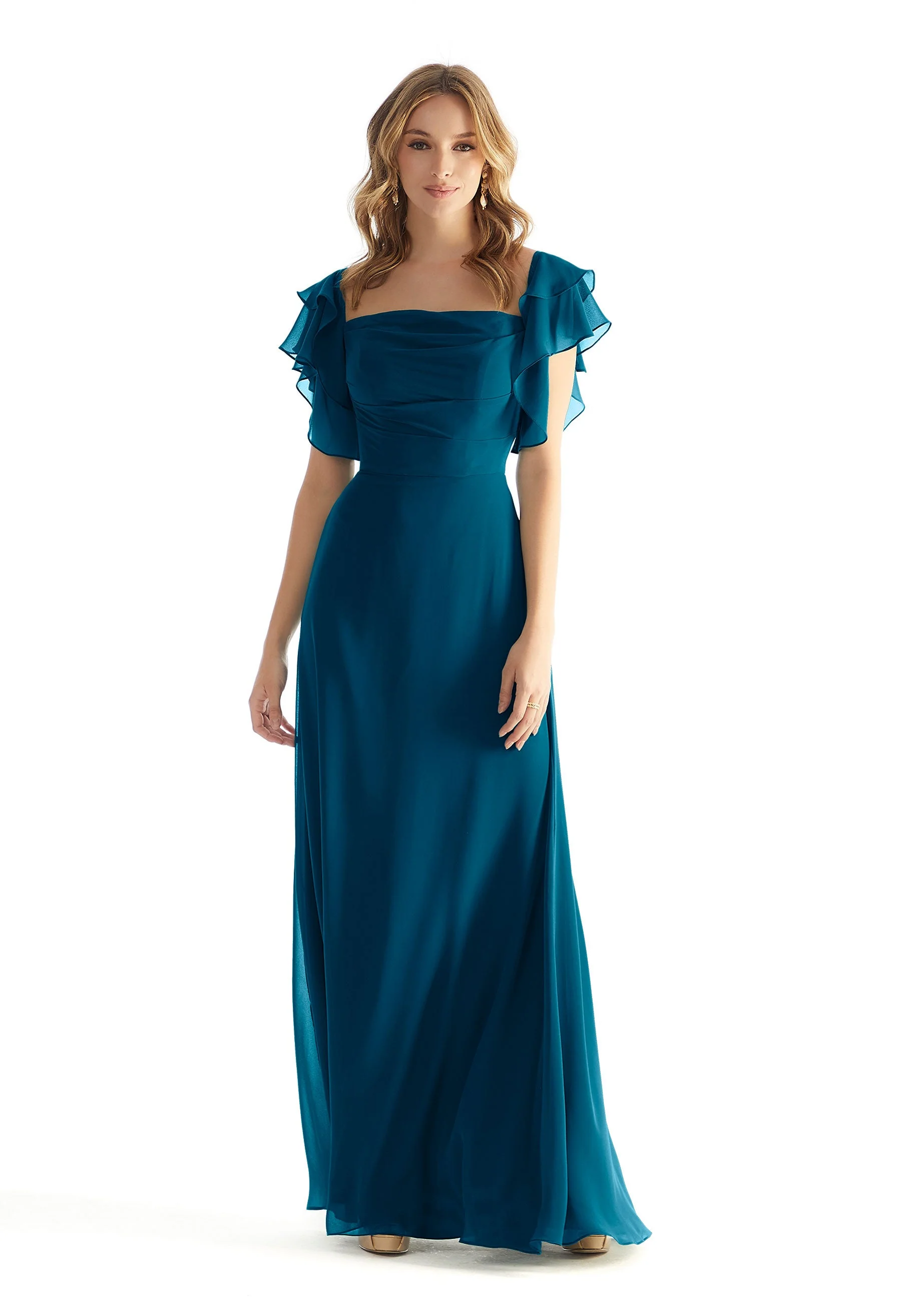 Chiffon Bridesmaid Dress with Straight Neckline and Ruffle Sleeves - Image 49