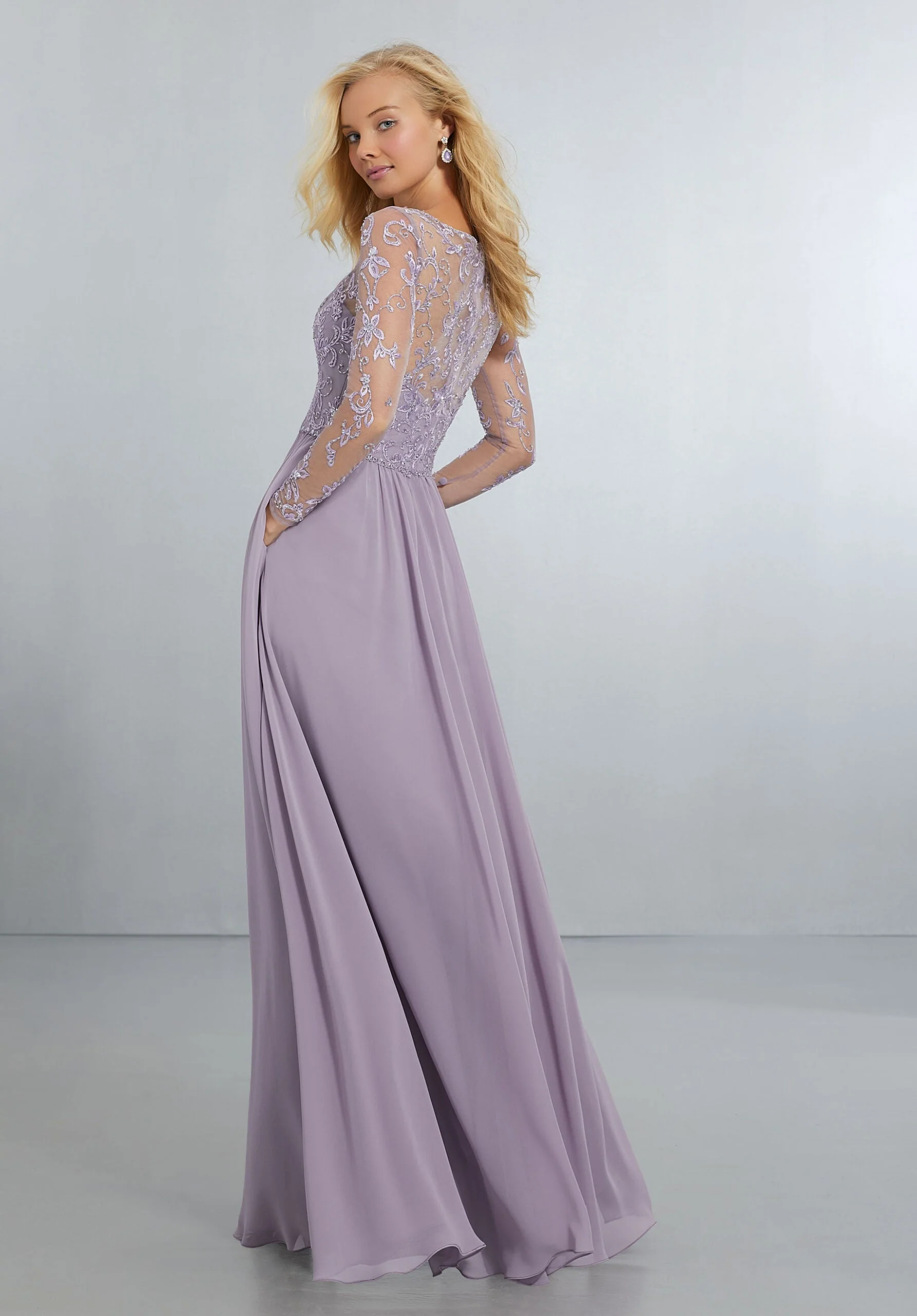 Chiffon Bridesmaids Dress with Intricately Embroidered and Beaded Long Sleeve Bodice - Image 4