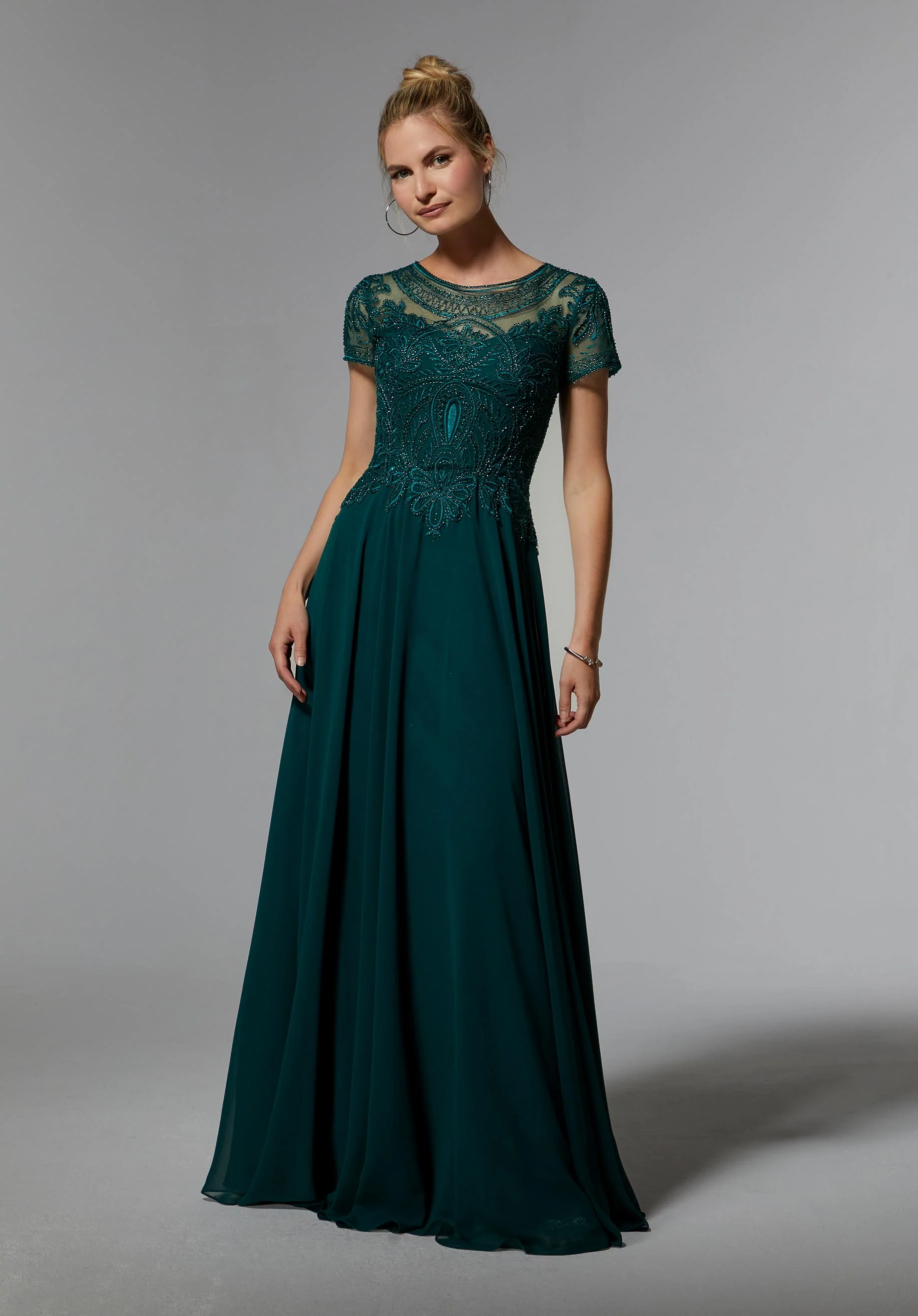 Chiffon Evening Gown with Beaded Embroidery on a Net Bodice