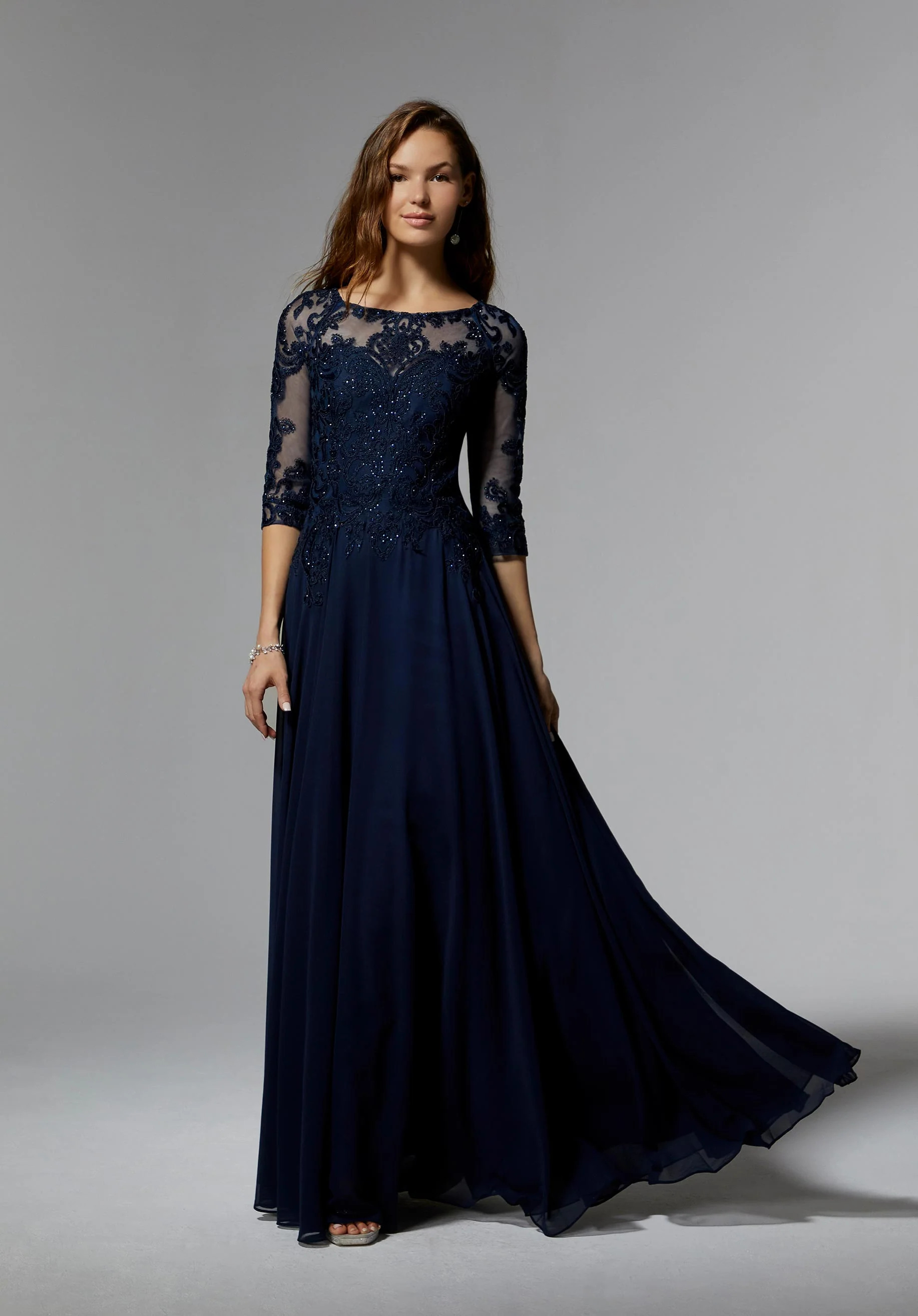 Chiffon Mother of the Occasion Gown with Beaded Bodice and 3/4 Illusion Sleeves