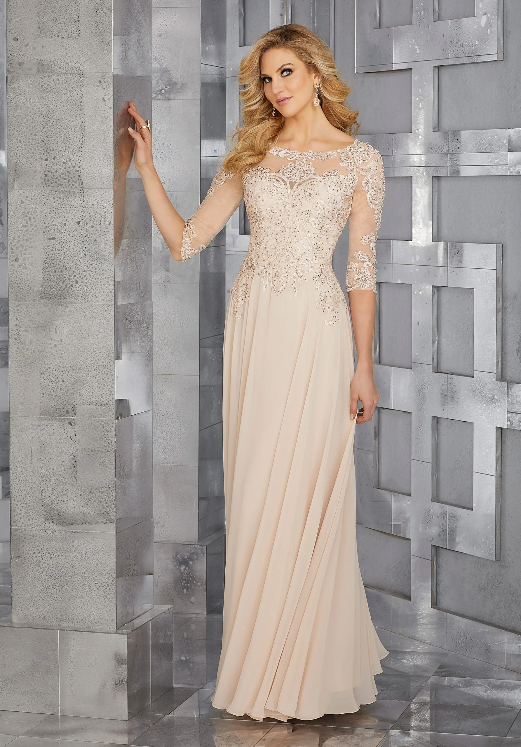 Chiffon Mother of the Occasion Gown with Beaded Bodice and 3/4 Illusion Sleeves - Image 11