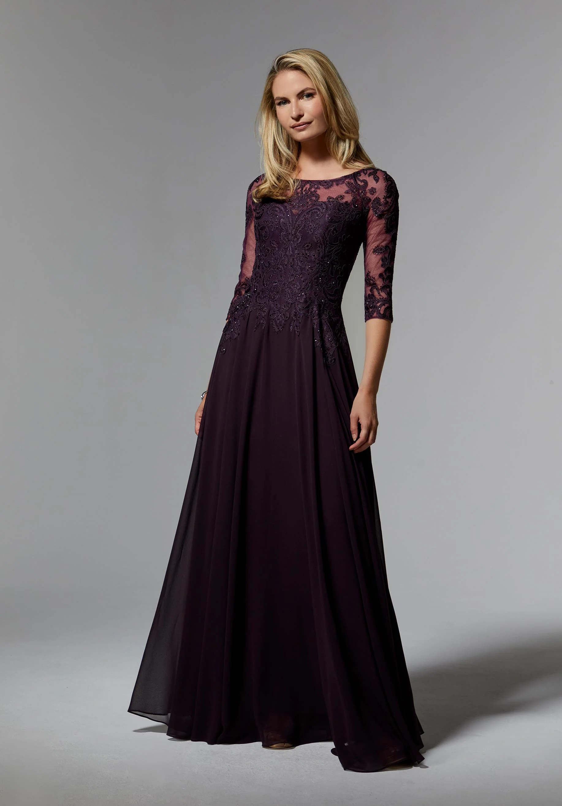 Chiffon Mother of the Occasion Gown with Beaded Bodice and 3/4 Illusion Sleeves - Image 6