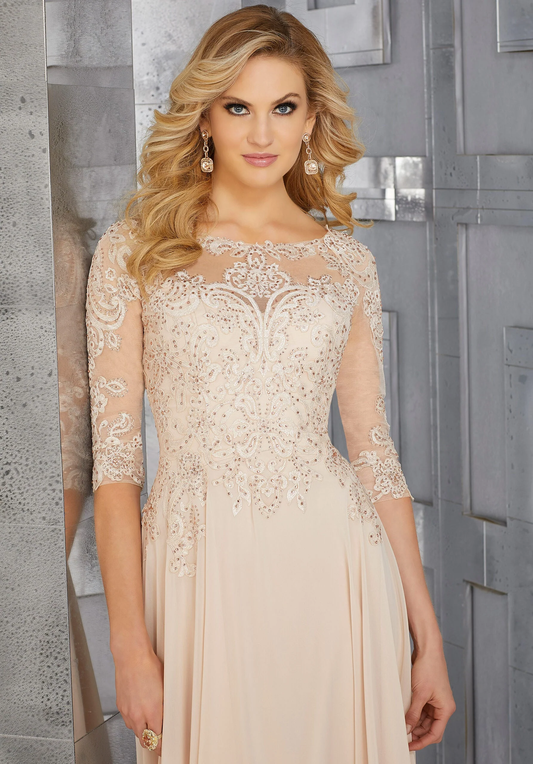 Chiffon Mother of the Occasion Gown with Beaded Bodice and 3/4 Illusion Sleeves - Image 8