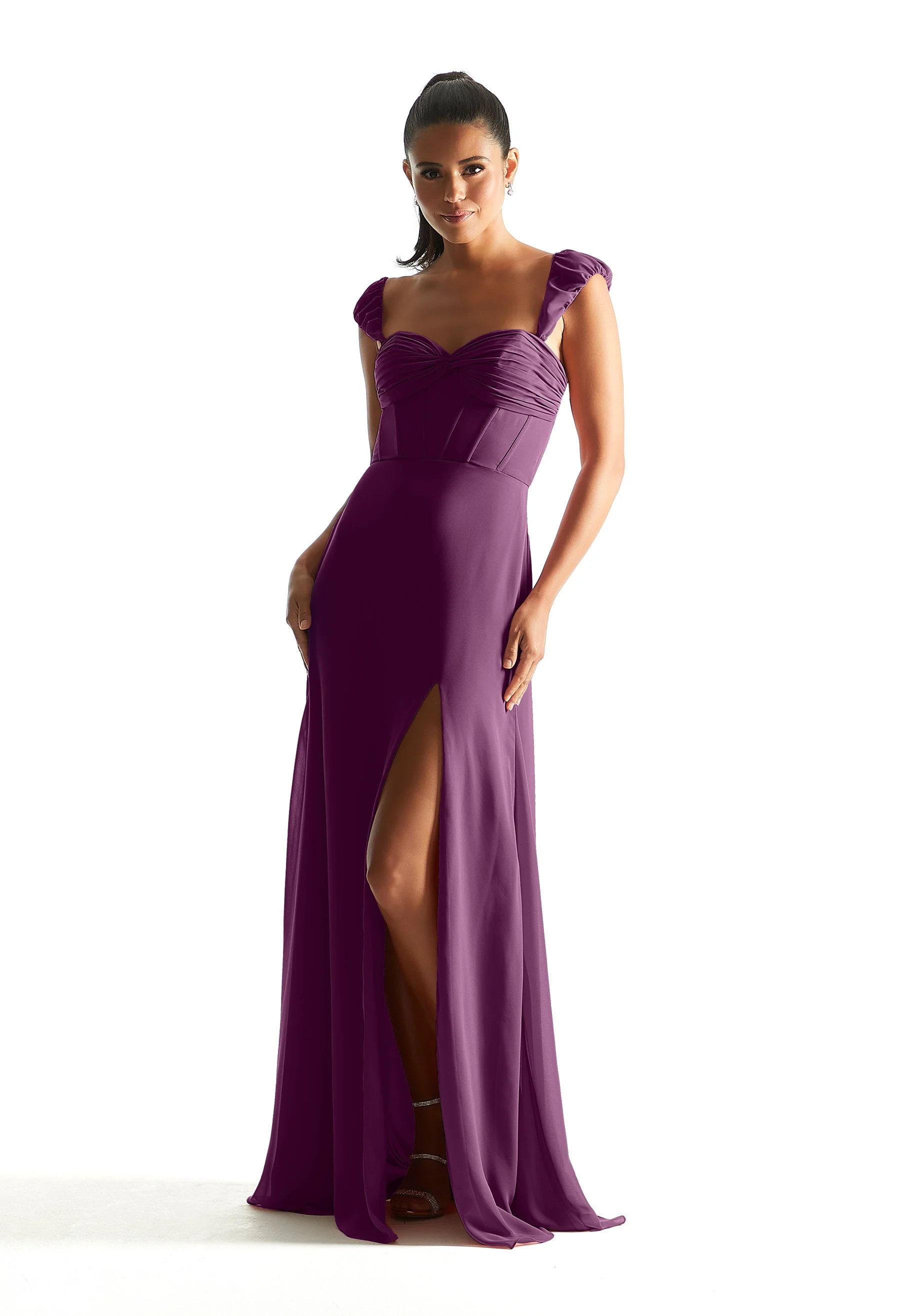 Corset Chiffon Bridesmaid Dress with Detachable Sleeves - Image 32
