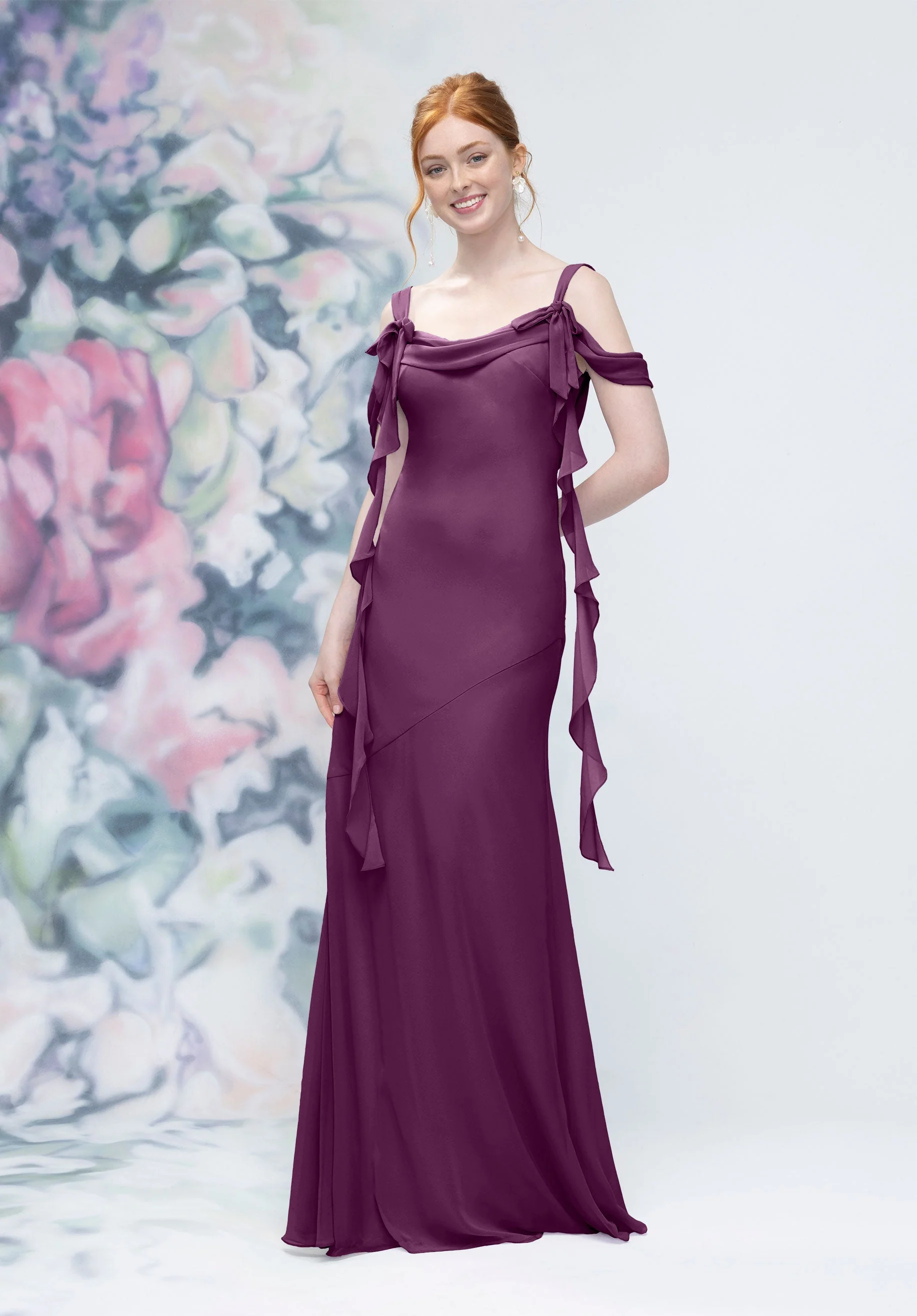 Cowl Detail Bias Cut Chiffon Bridesmaid Dress with Ruffle Drape - Image 25