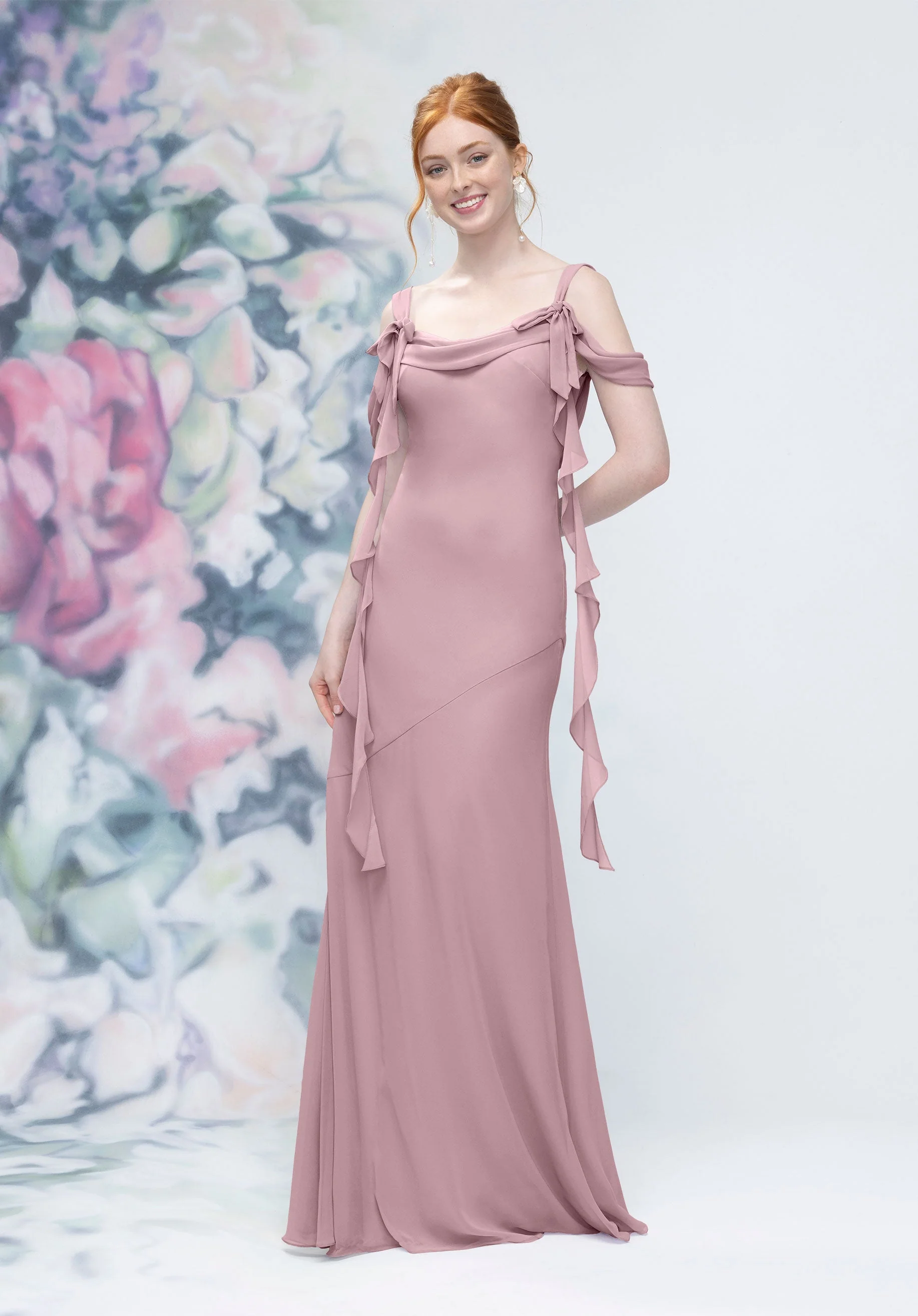 Cowl Detail Bias Cut Chiffon Bridesmaid Dress with Ruffle Drape - Image 29