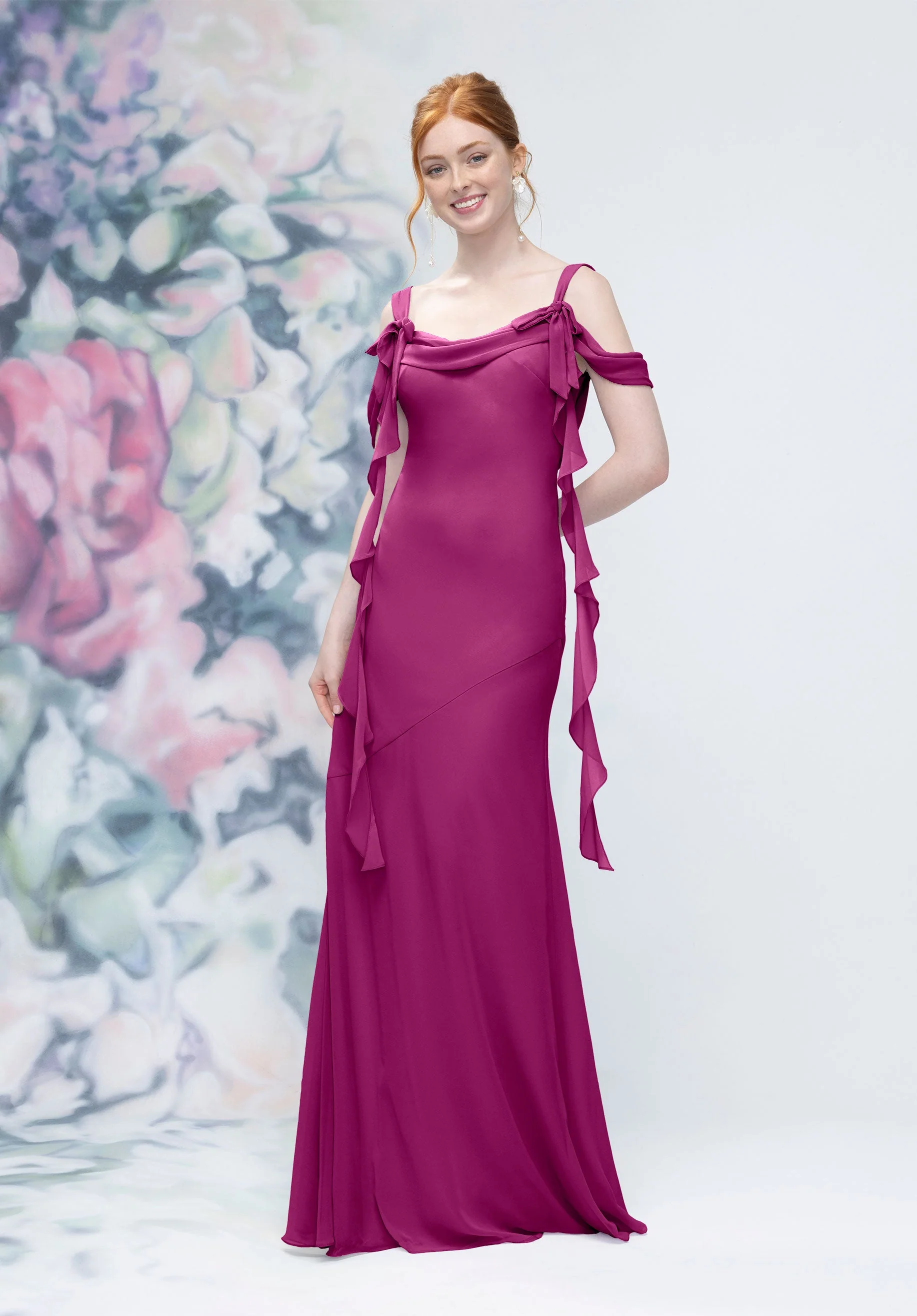Cowl Detail Bias Cut Chiffon Bridesmaid Dress with Ruffle Drape - Image 36