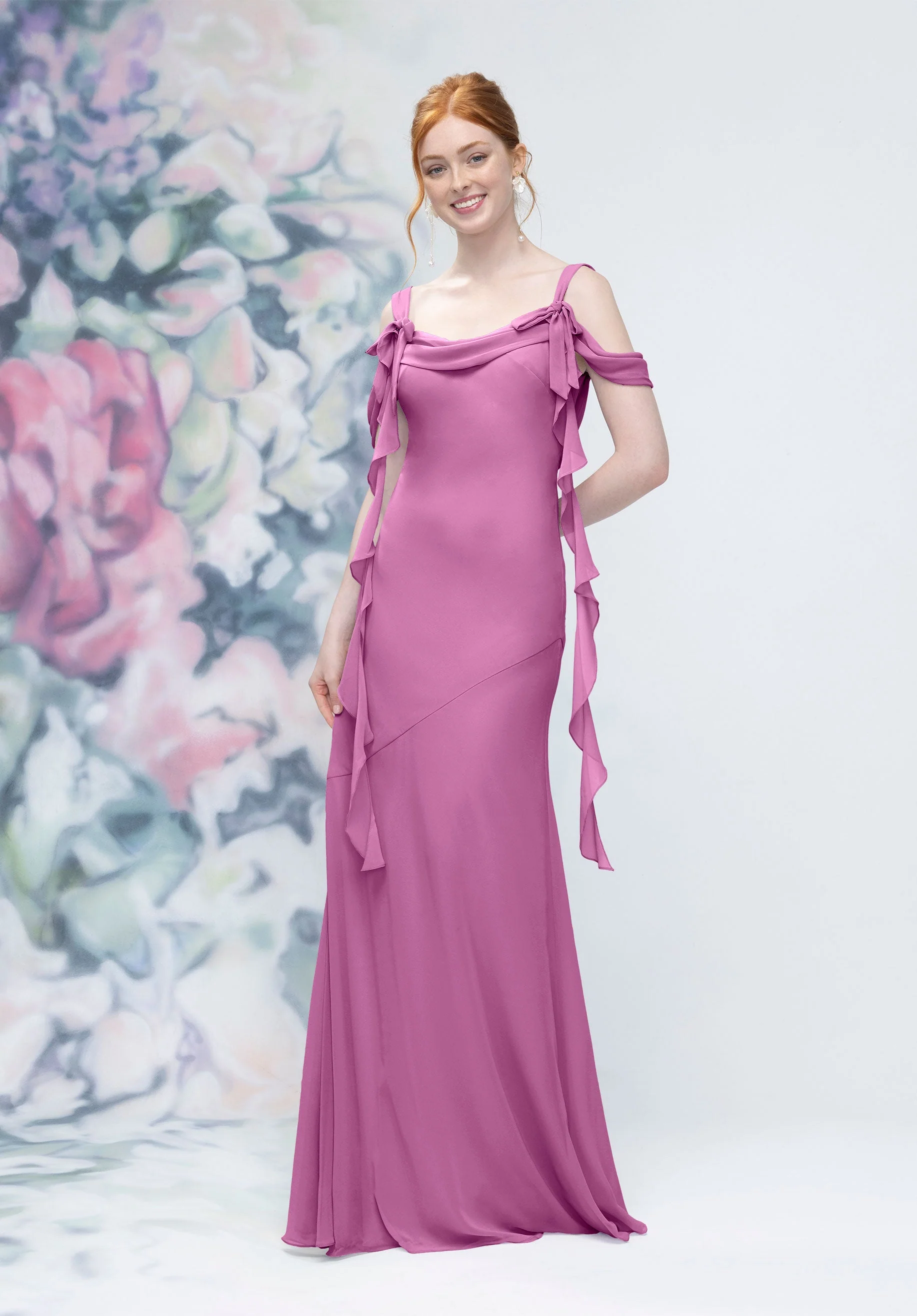 Cowl Detail Bias Cut Chiffon Bridesmaid Dress with Ruffle Drape - Image 40