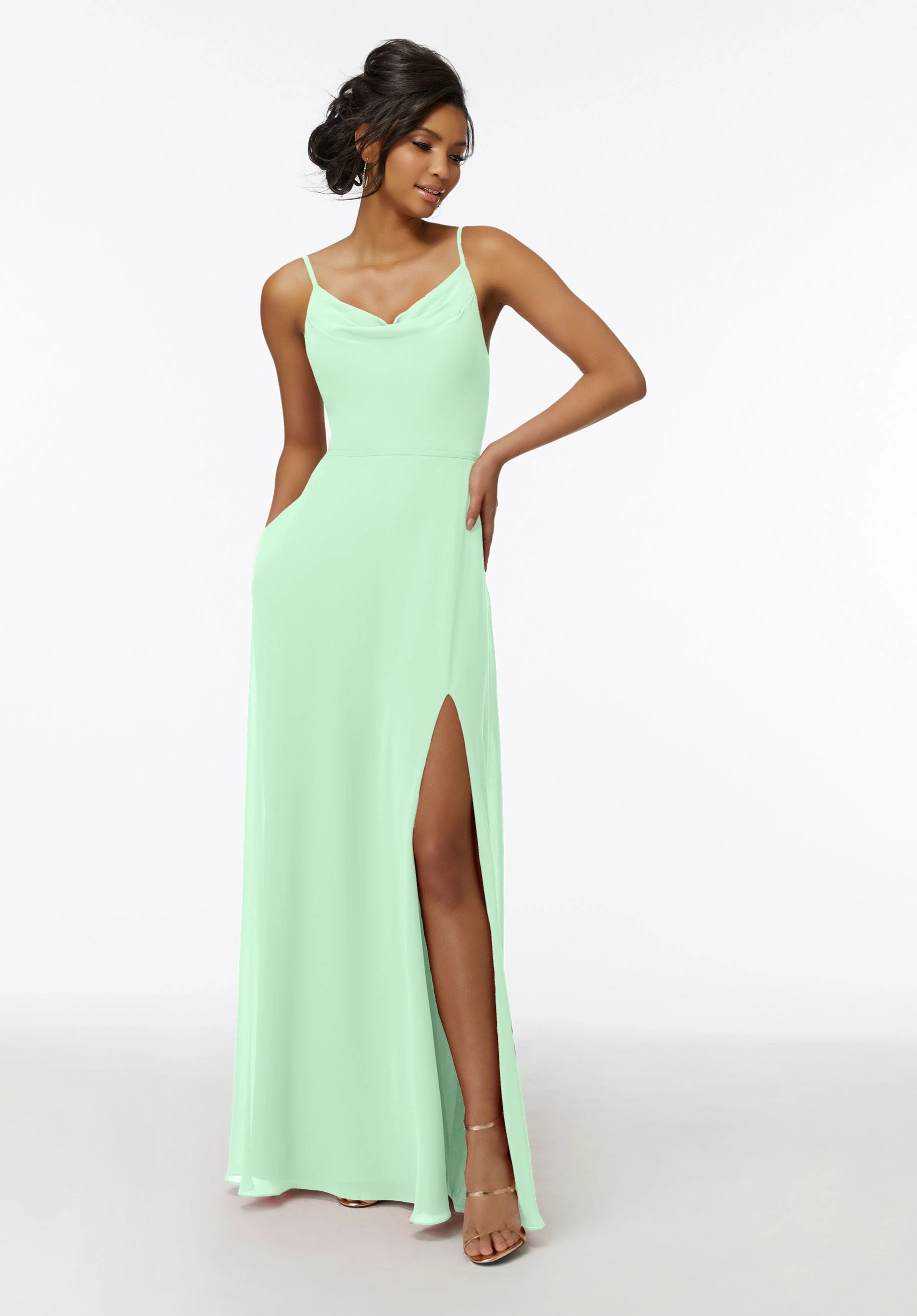 Cowl Neck Chiffon Bridesmaid Dress with Front Slit - Image 44