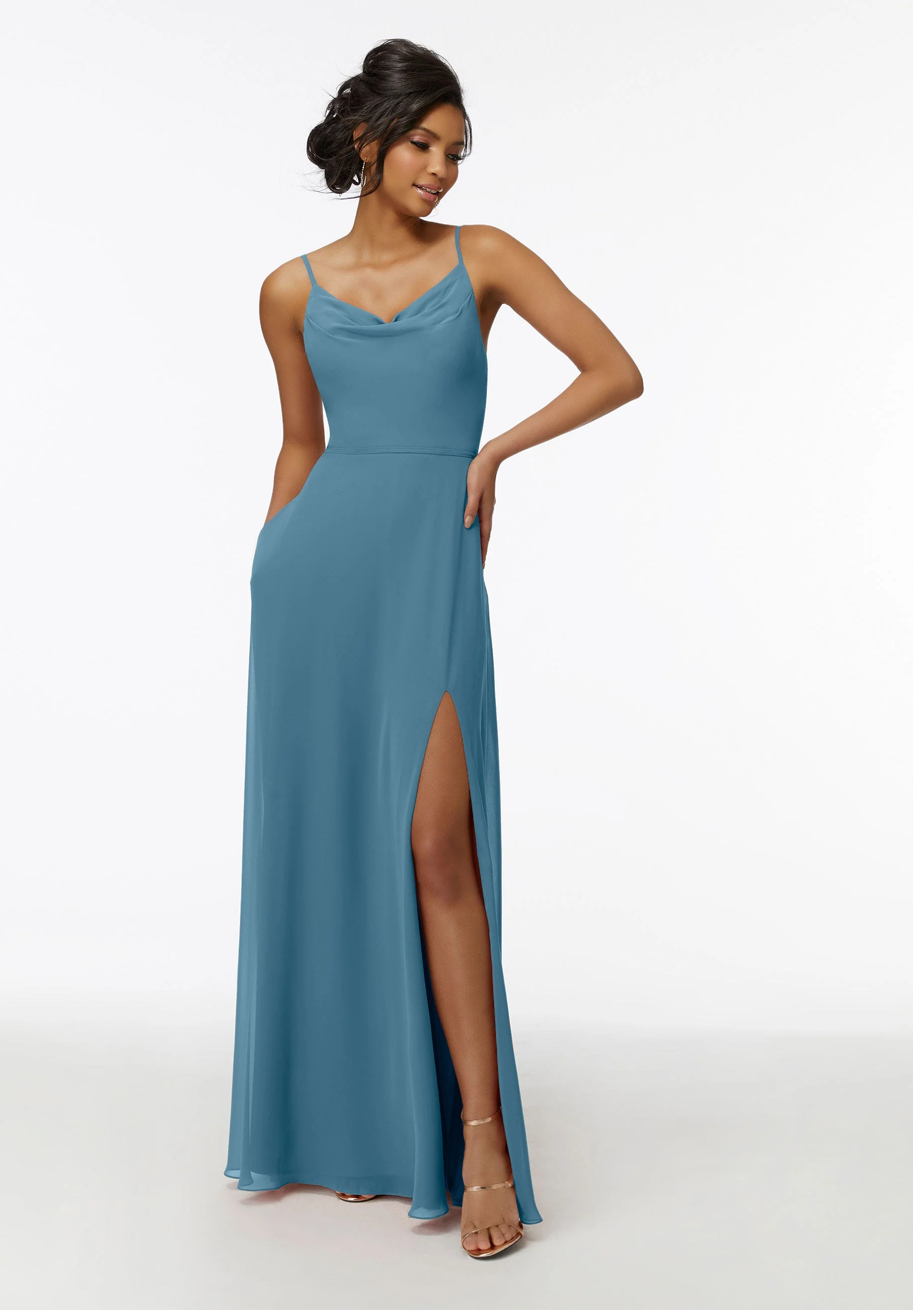 Cowl Neck Chiffon Bridesmaid Dress with Front Slit - Image 46