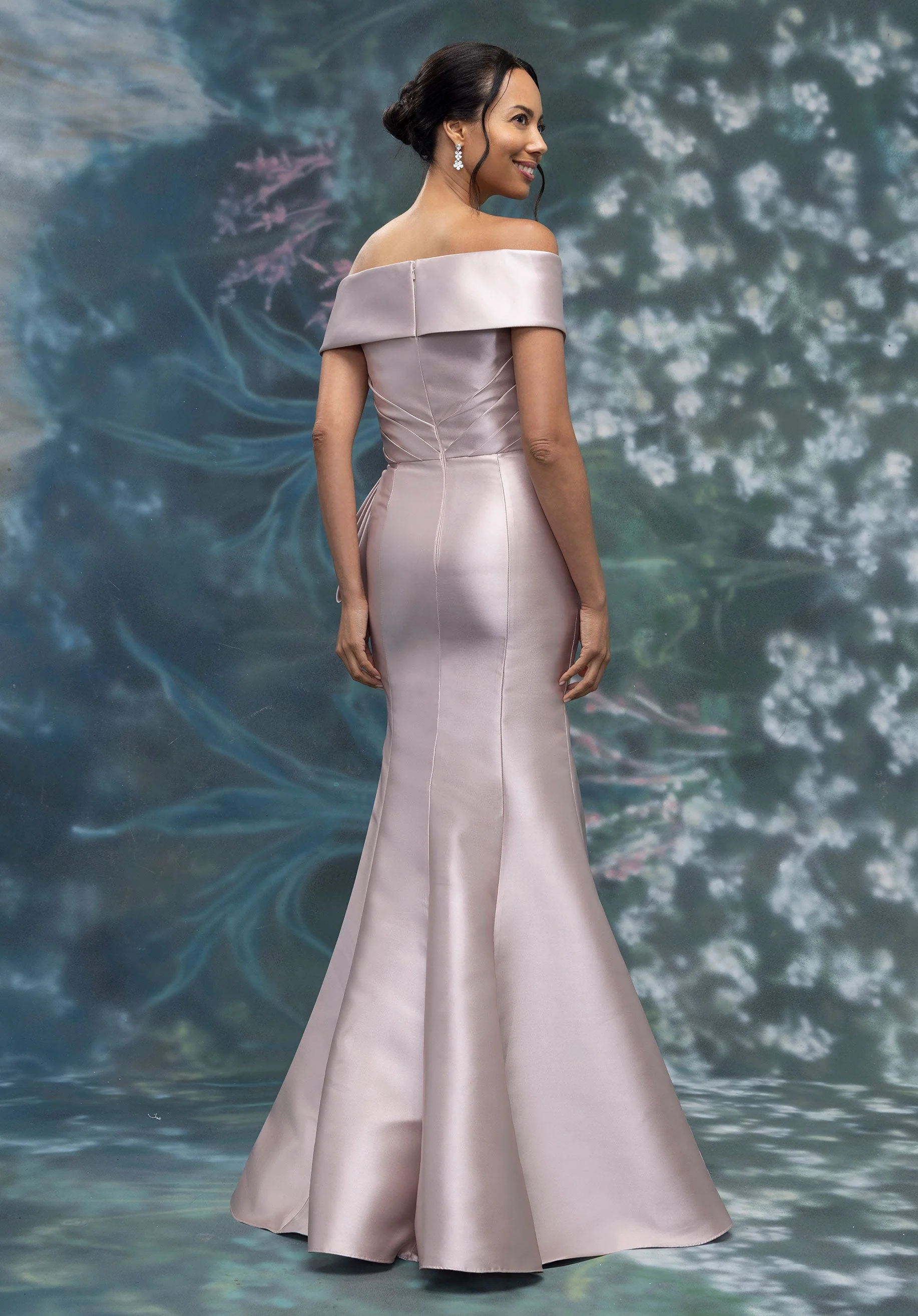 Criss Cross Portrait Neck Mikado Evening Gown with Crystal Appliqués - Image 6