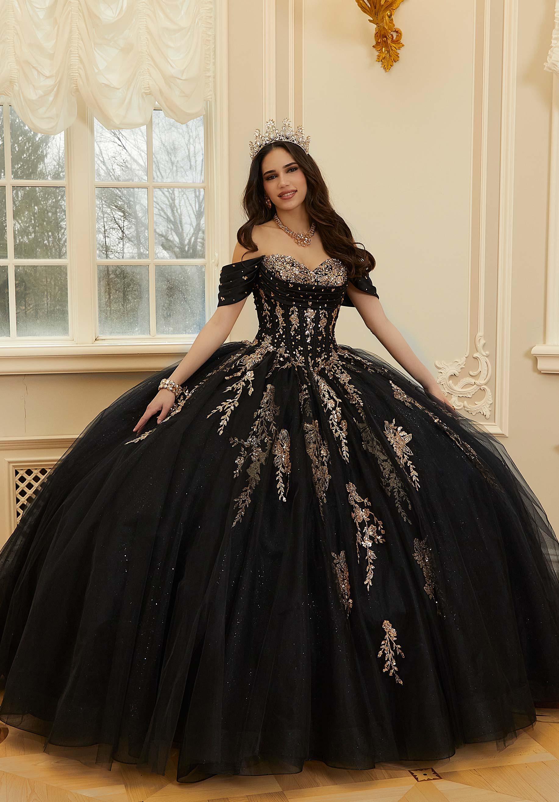 Crystal Beaded Contrasting Glitter Appliquéd Quinceañera Dress with Satin Cowl - Image 11