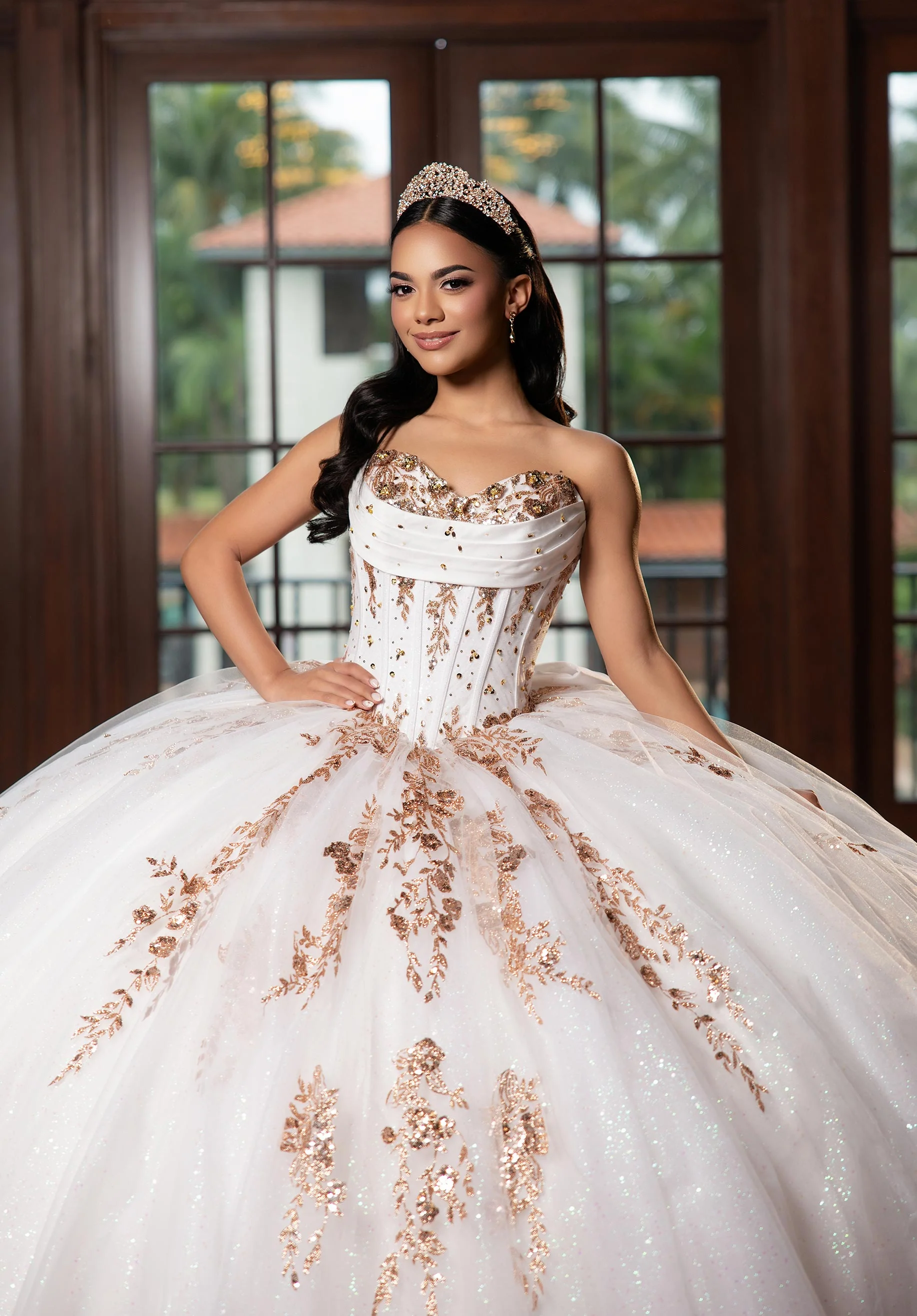 Crystal Beaded Contrasting Glitter Appliquéd Quinceañera Dress with Satin Cowl - Image 3