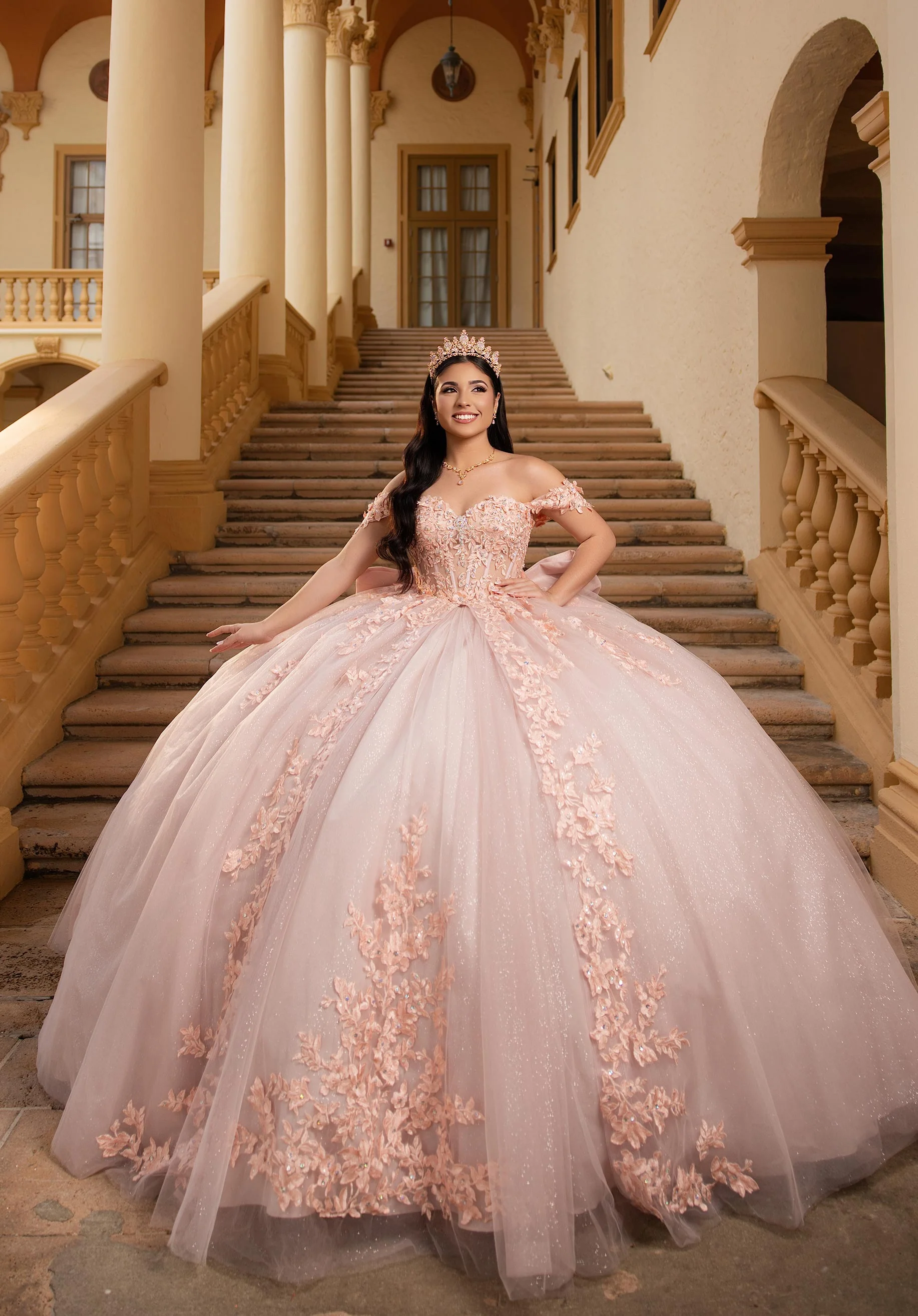 Crystal Beaded Lace Sheer Bodice Quinceañera Dress - Image 3