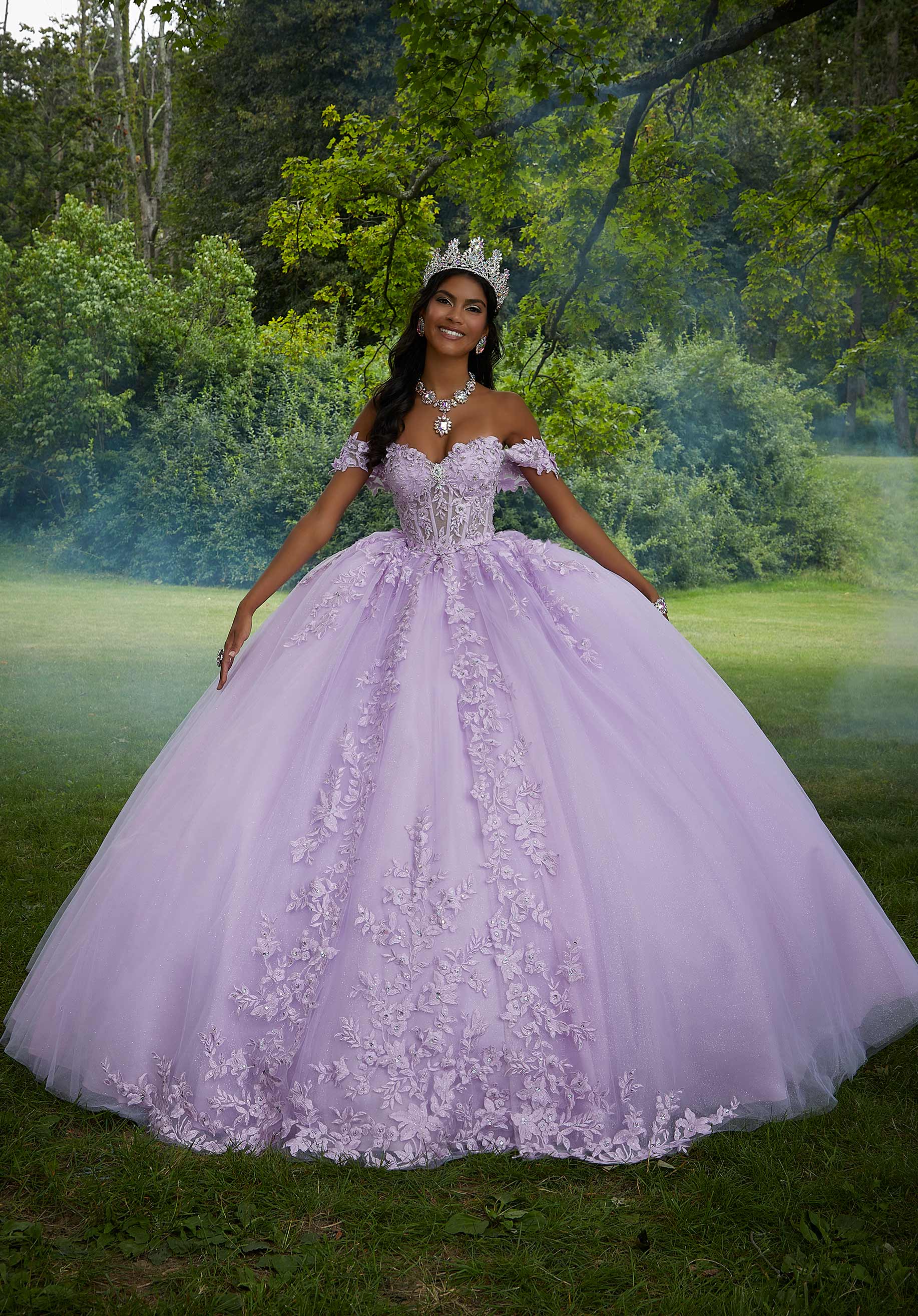 Crystal Beaded Lace Sheer Bodice Quinceañera Dress - Image 5