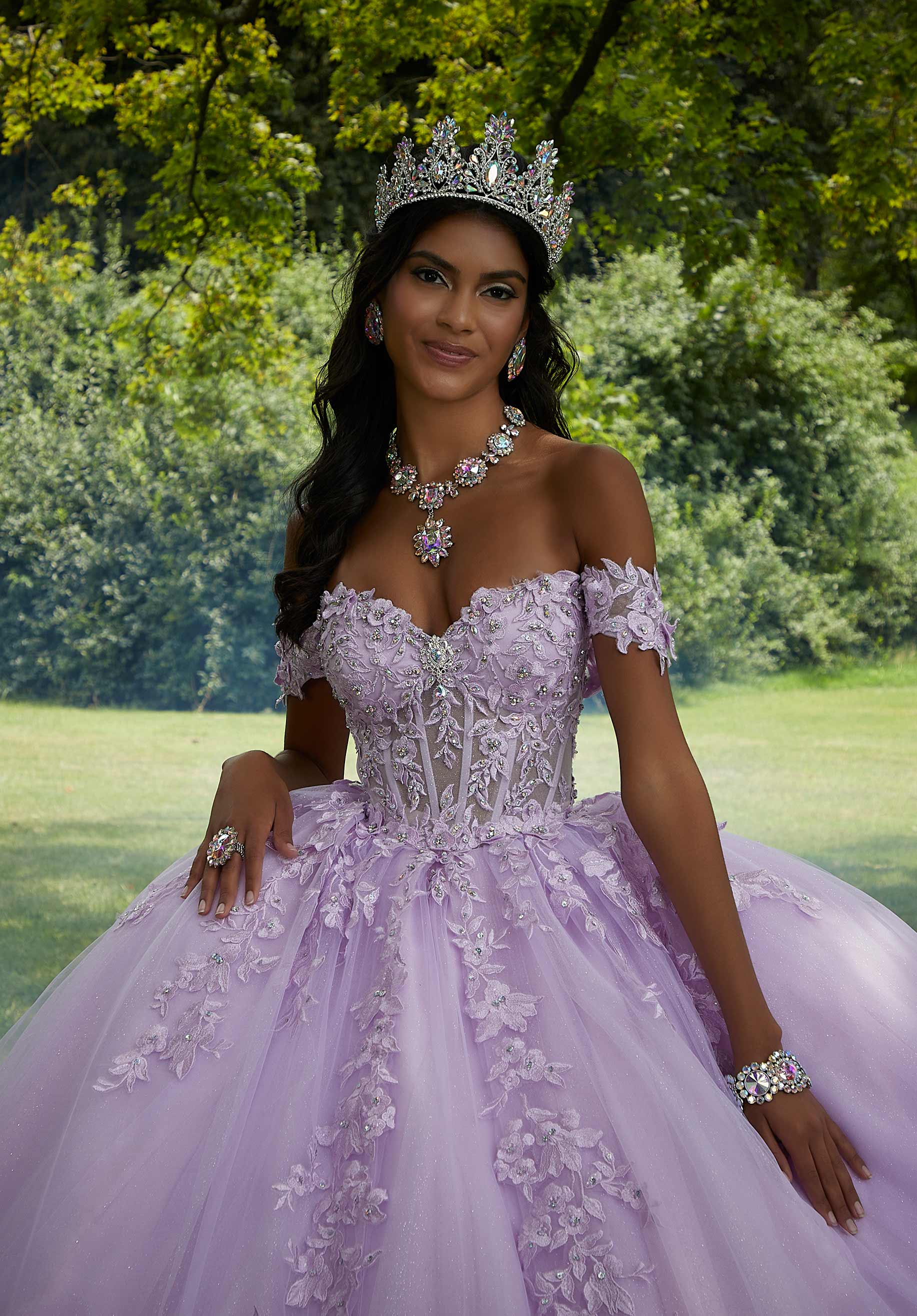 Crystal Beaded Lace Sheer Bodice Quinceañera Dress - Image 6