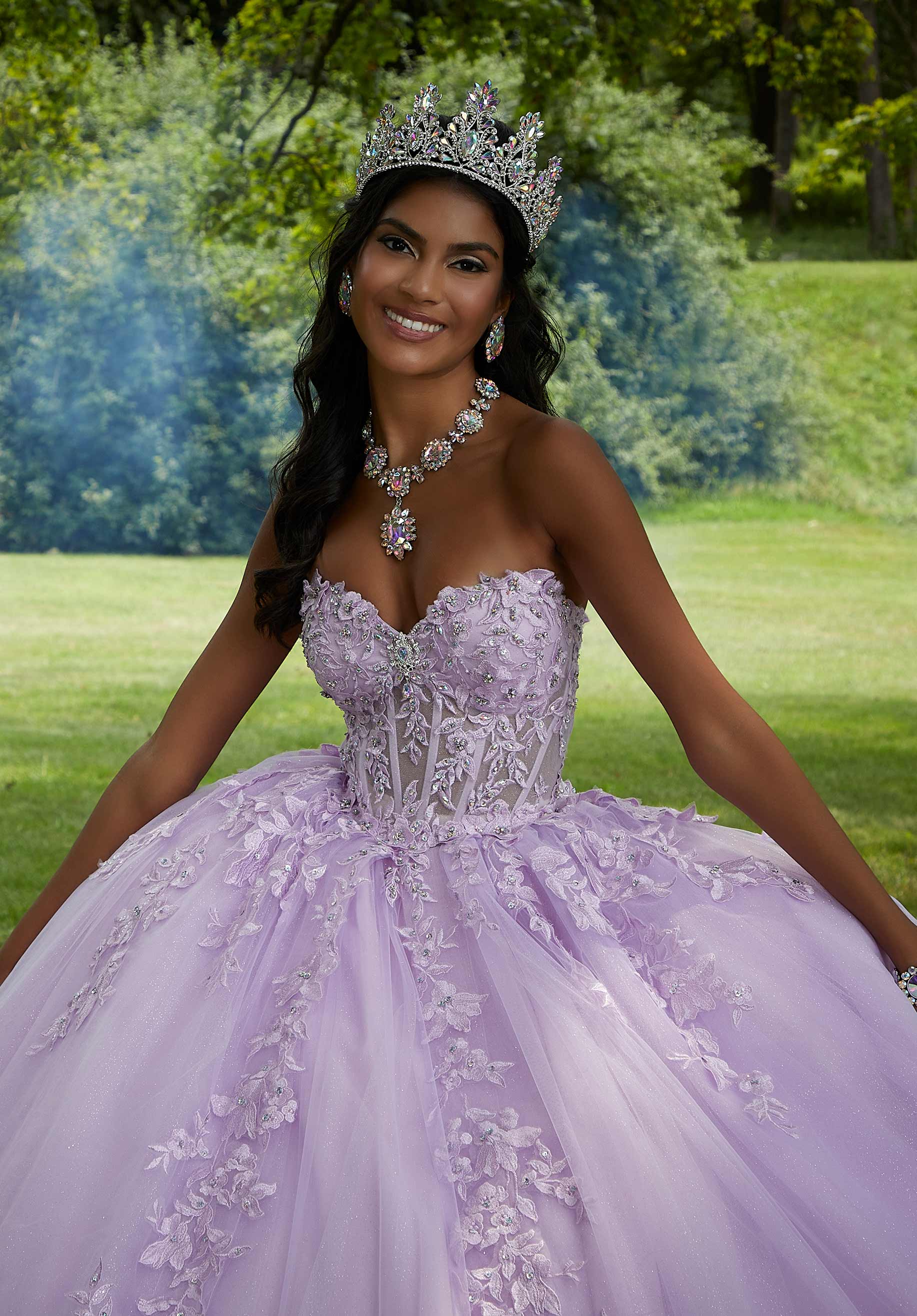 Crystal Beaded Lace Sheer Bodice Quinceañera Dress - Image 7