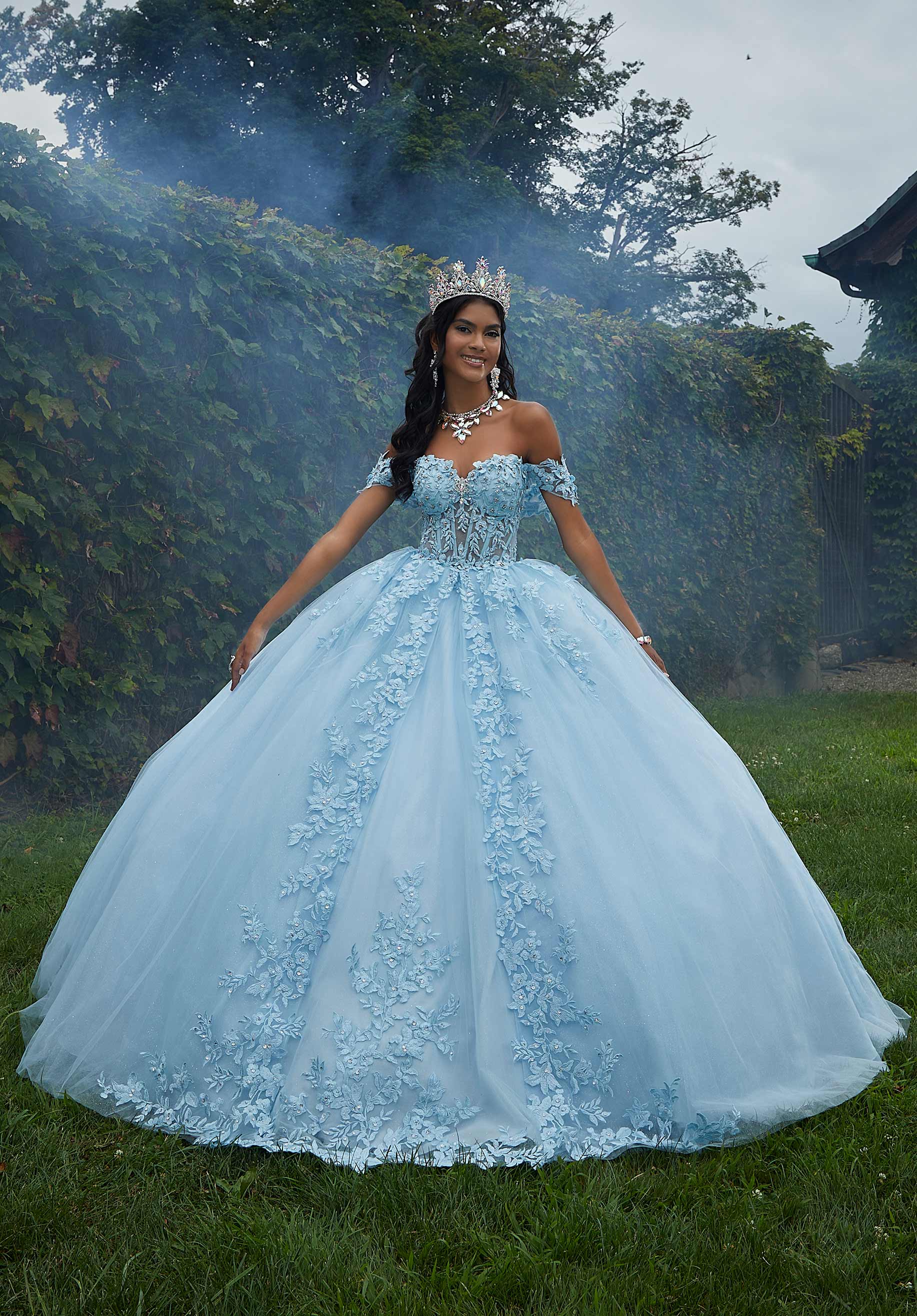 Crystal Beaded Lace Sheer Bodice Quinceañera Dress - Image 8