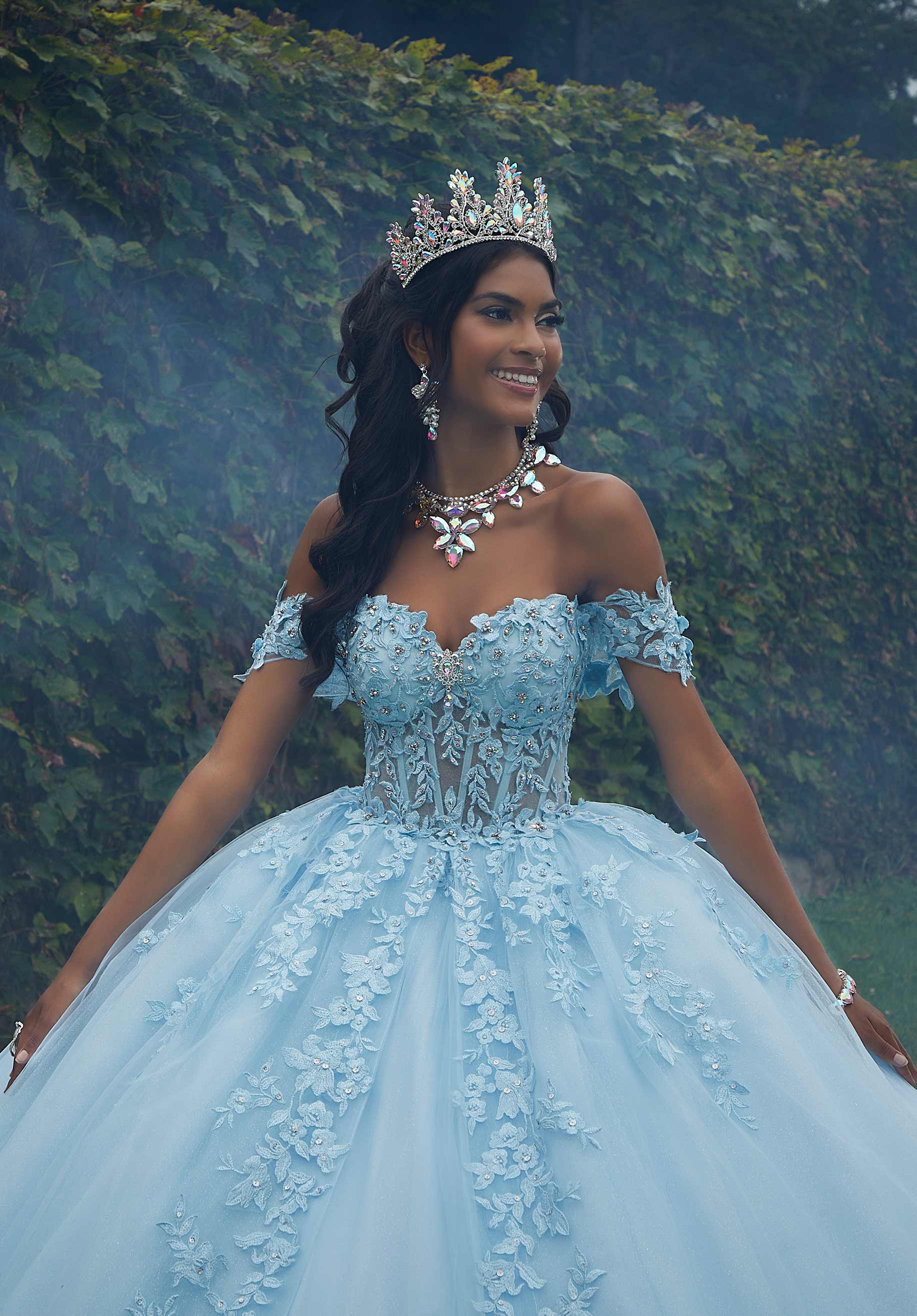 Crystal Beaded Lace Sheer Bodice Quinceañera Dress - Image 9