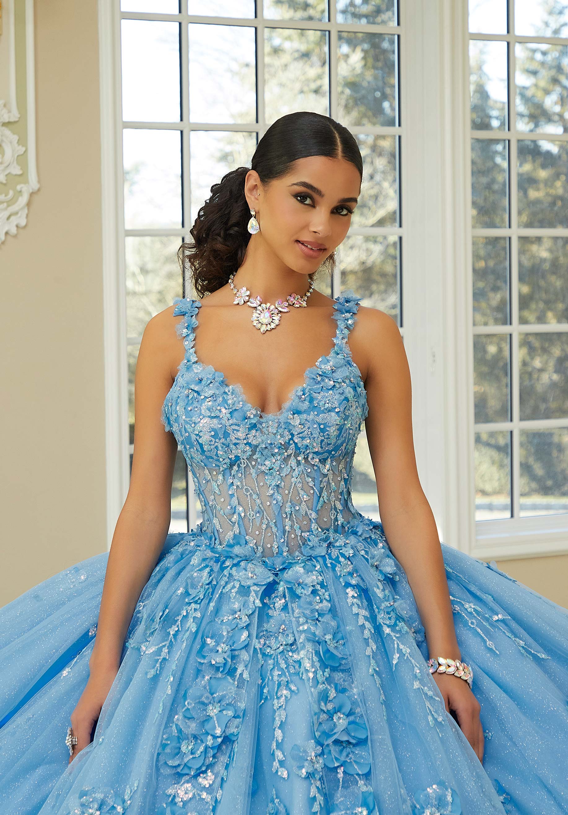 Crystal Beaded Quinceañera Dress with Three-Dimensional Floral Glitter Appliqués - Image 4