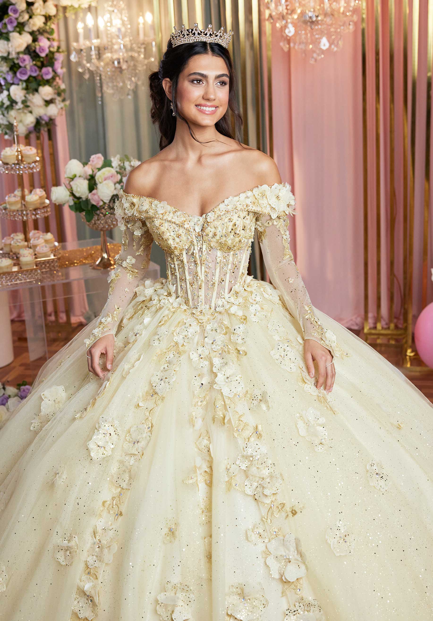 Cuffed Off The Shoulder Three Dimensional Floral Quinceañera Dress - Image 6