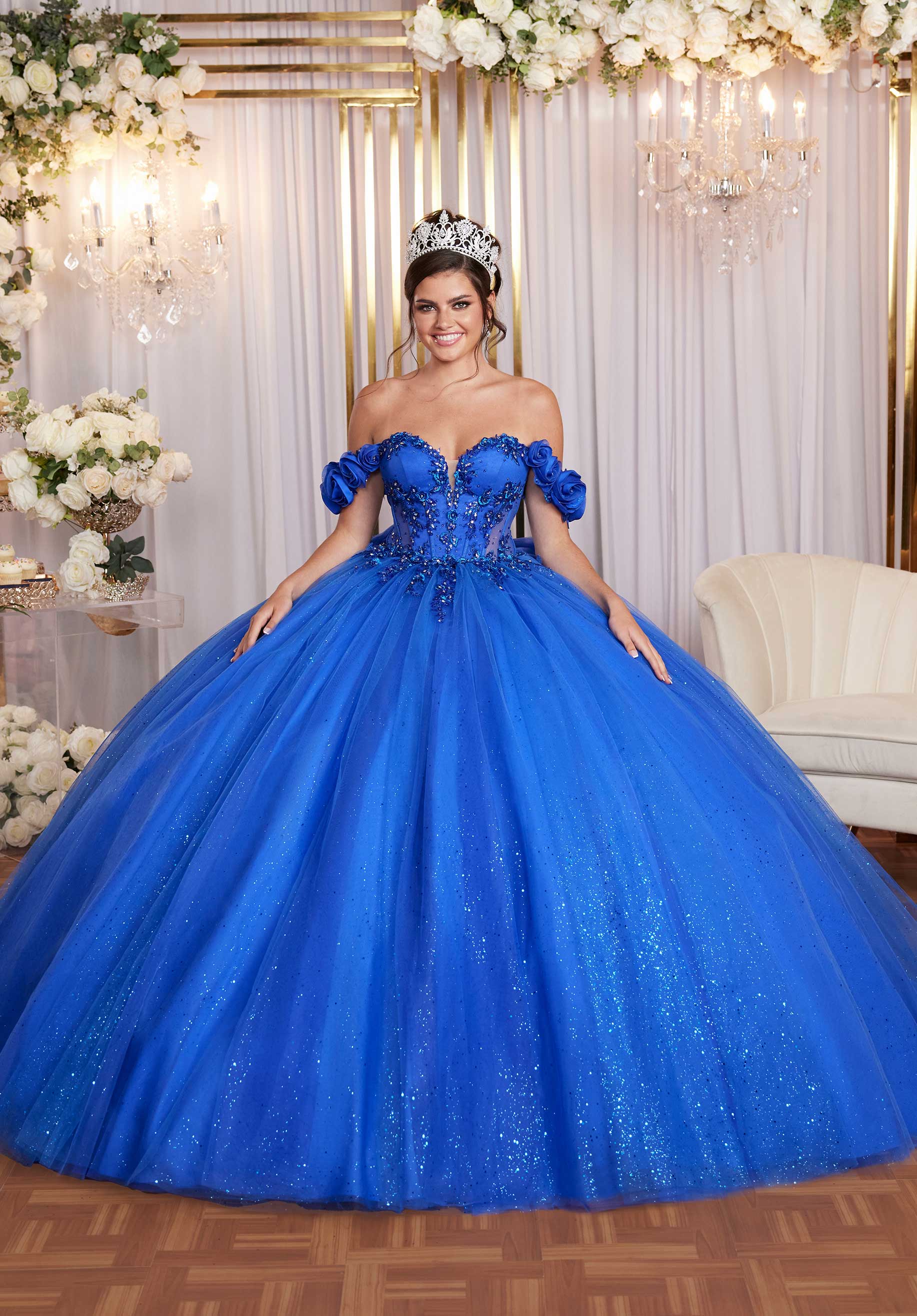 Draped Bodice Quinceañera Dress with Three Dimensional Flowers - Image 4