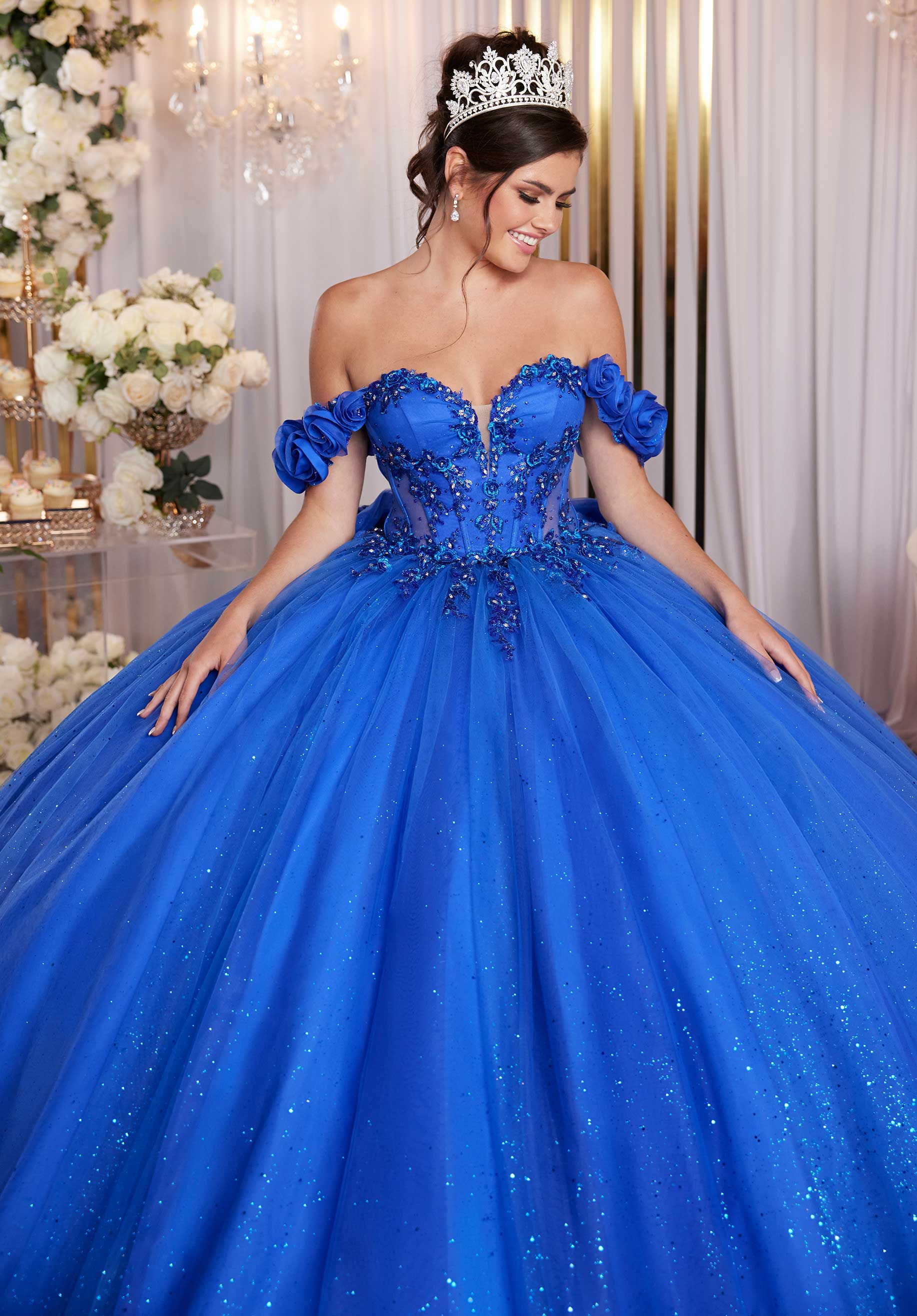 Draped Bodice Quinceañera Dress with Three Dimensional Flowers - Image 5