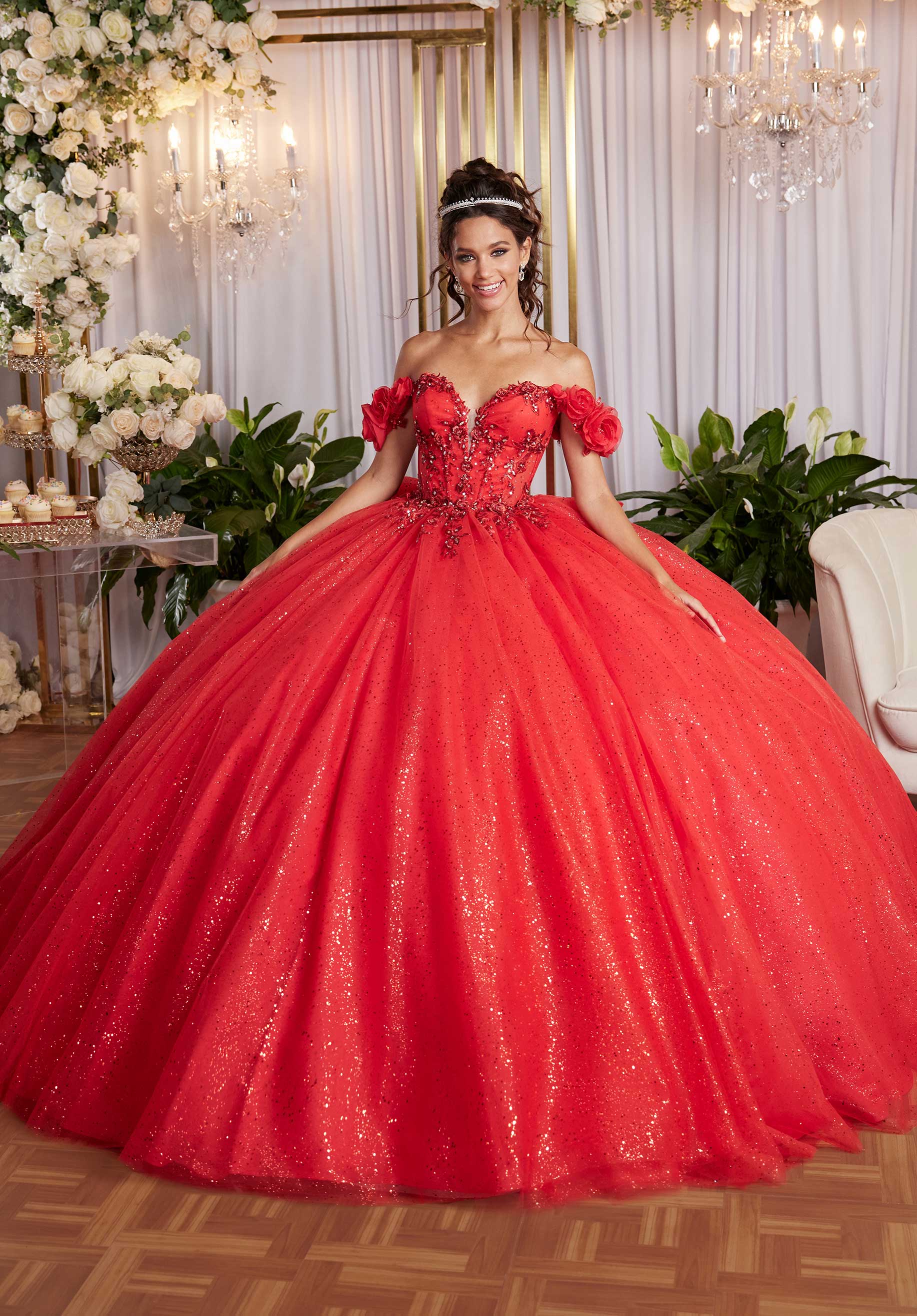 Draped Bodice Quinceañera Dress with Three Dimensional Flowers - Image 6