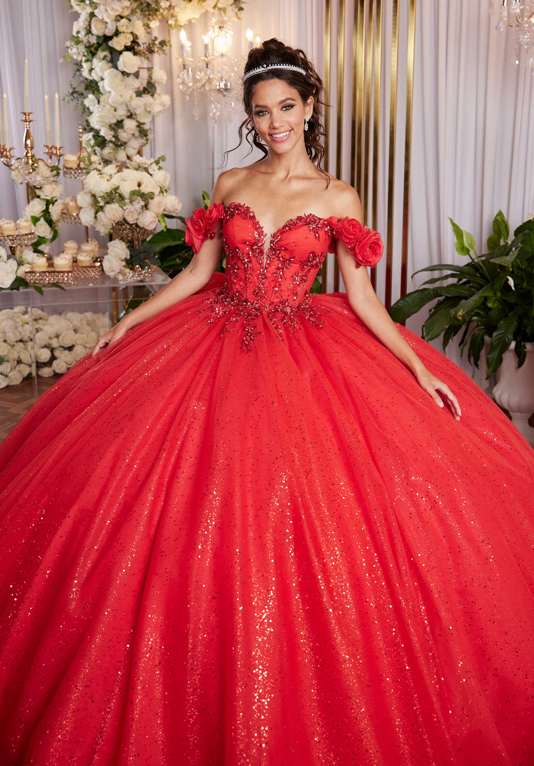 Draped Bodice Quinceañera Dress with Three Dimensional Flowers - Image 7